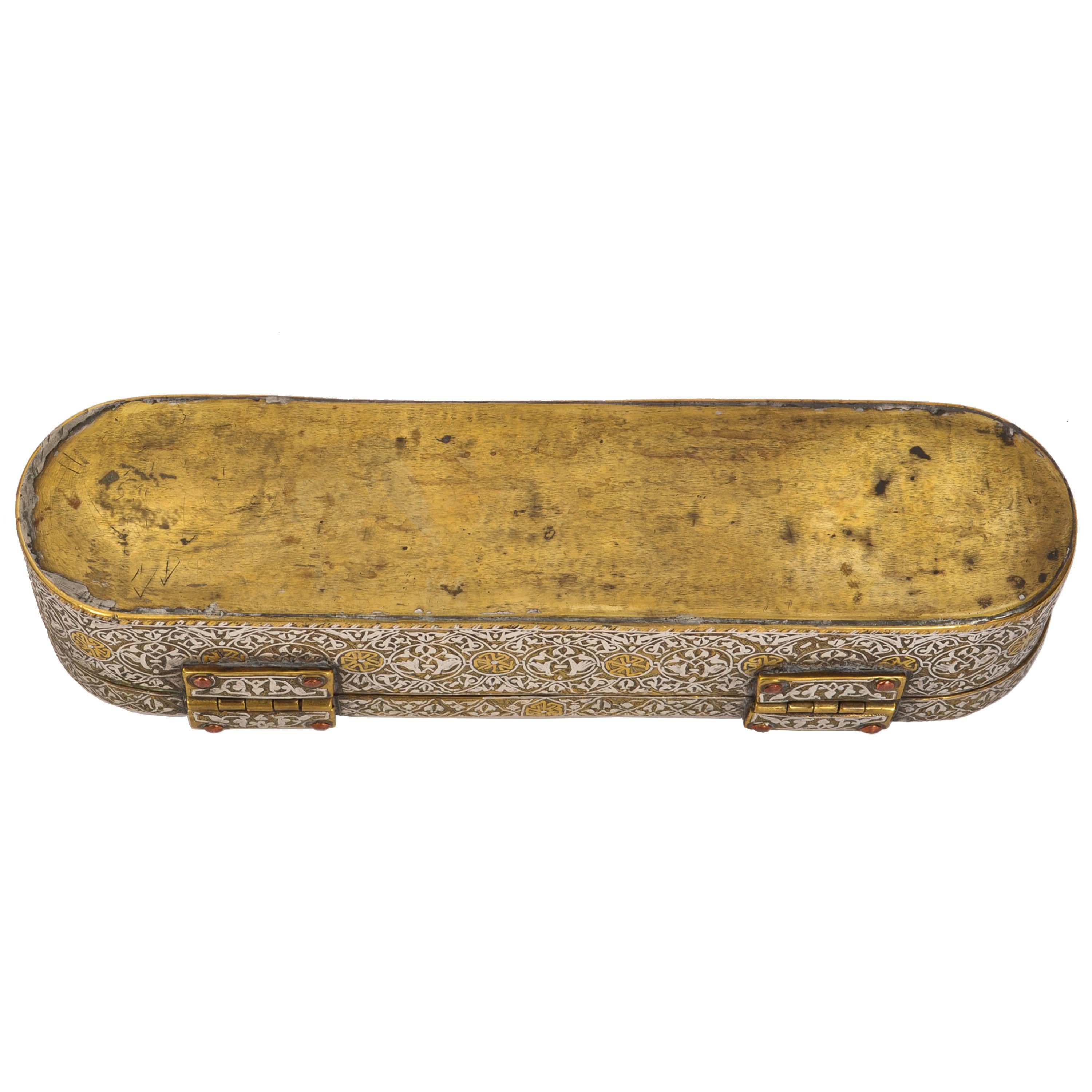 Antique Islamic 15th Century Mamluk Qalamdan Gold Silver Inlaid Brass Pen Box  For Sale 4
