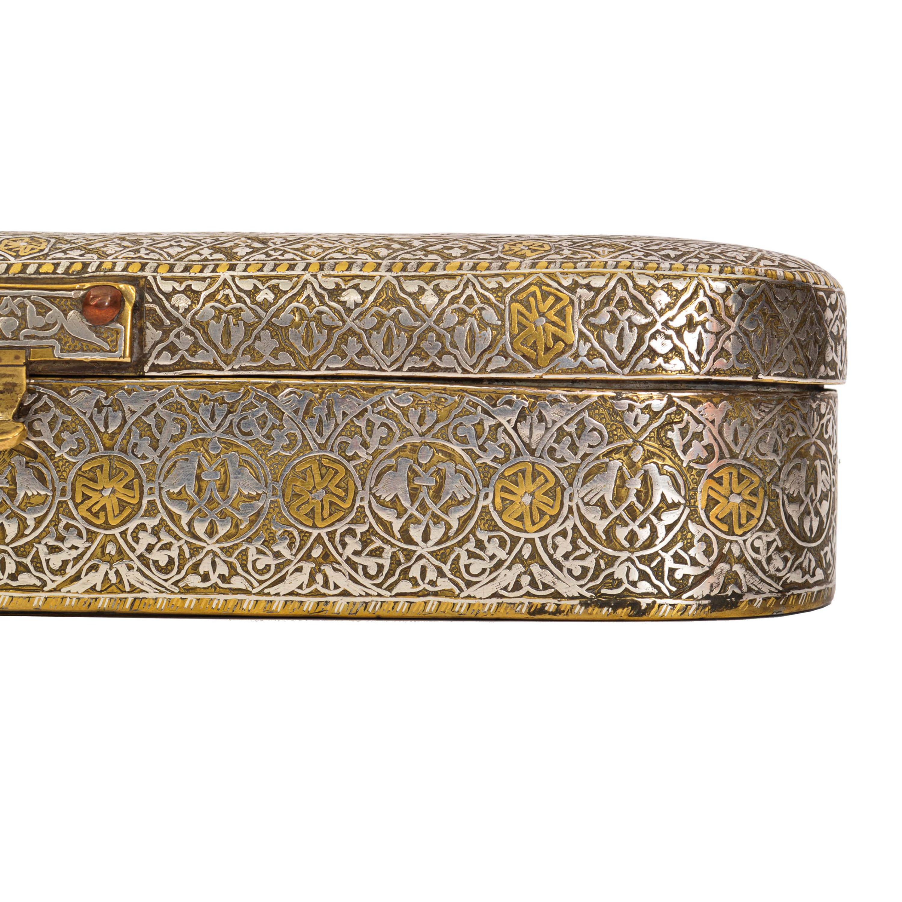 Inlay Antique Islamic 15th Century Mamluk Qalamdan Gold Silver Inlaid Brass Pen Box  For Sale