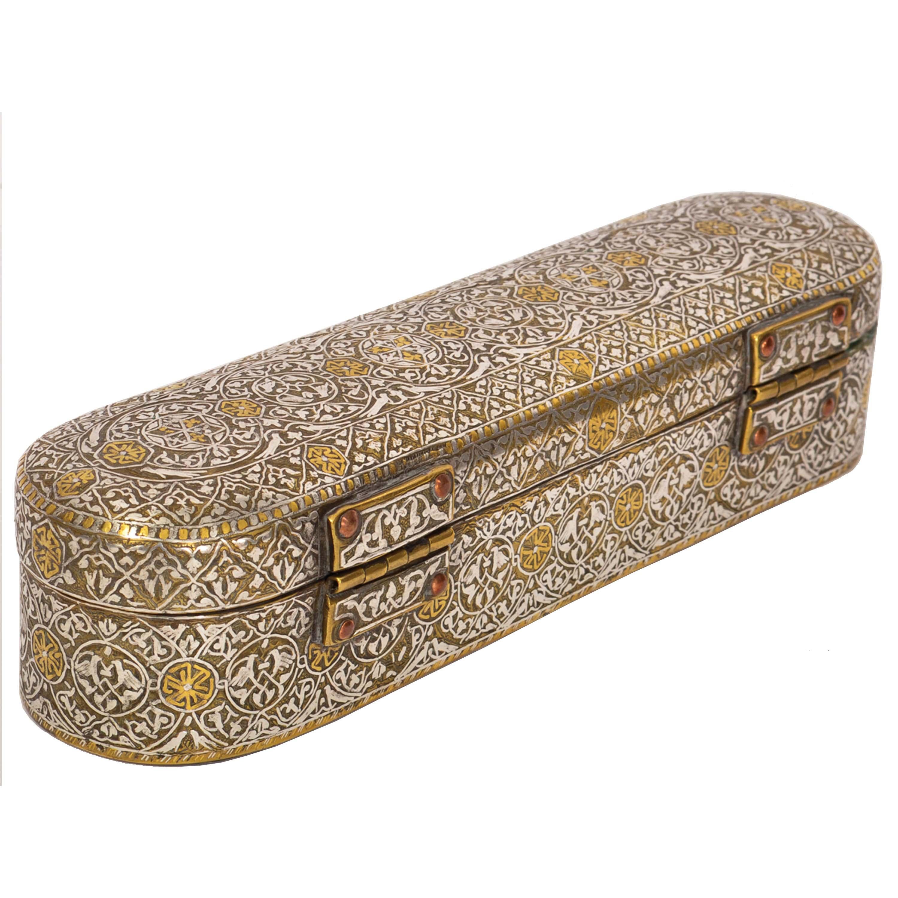 18th Century and Earlier Antique Islamic 15th Century Mamluk Qalamdan Gold Silver Inlaid Brass Pen Box For Sale