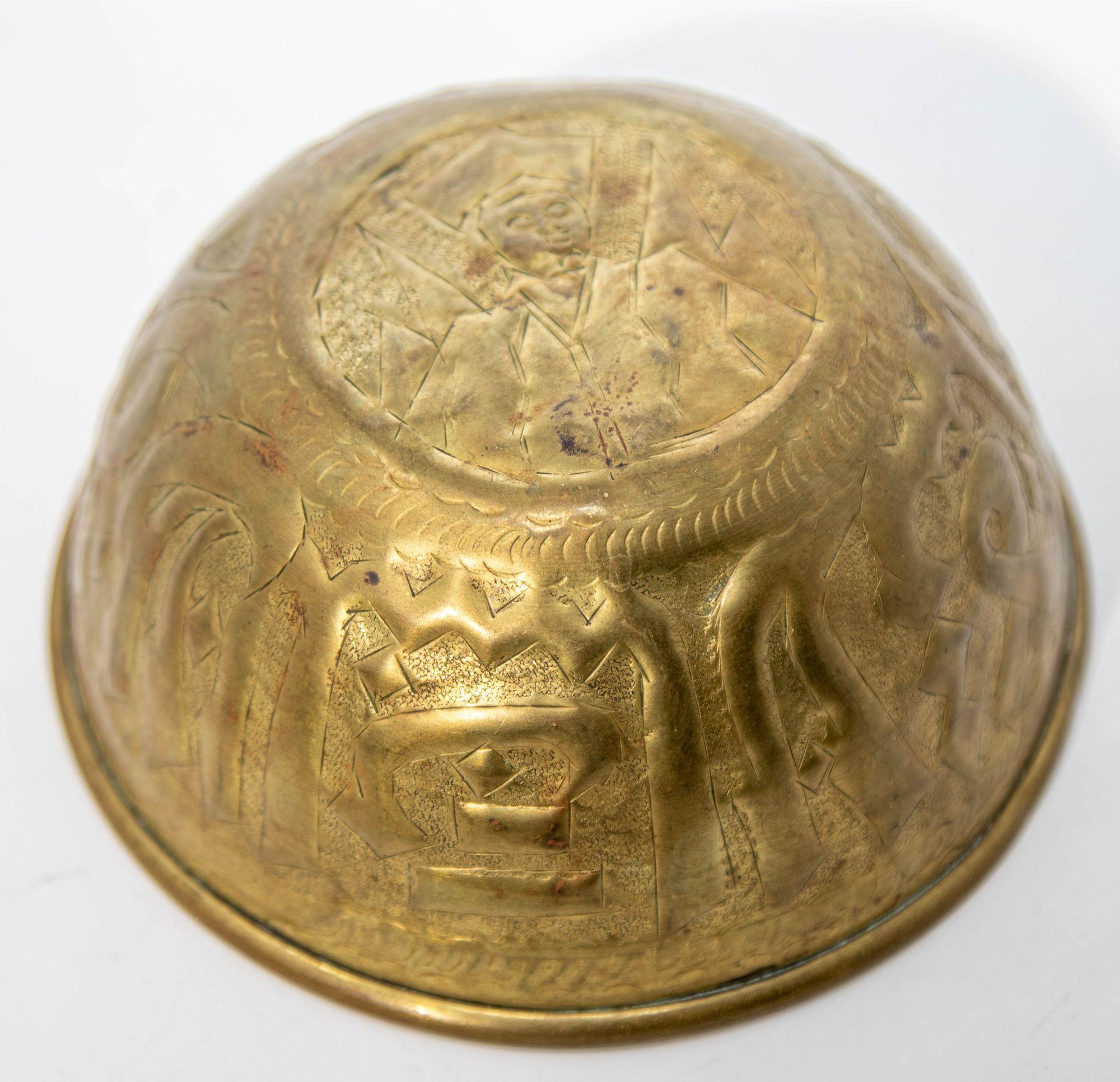 Unknown Antique Islamic Brass Chased Embossed Magic Bowl Indo Persian Mughal Brass Dish For Sale