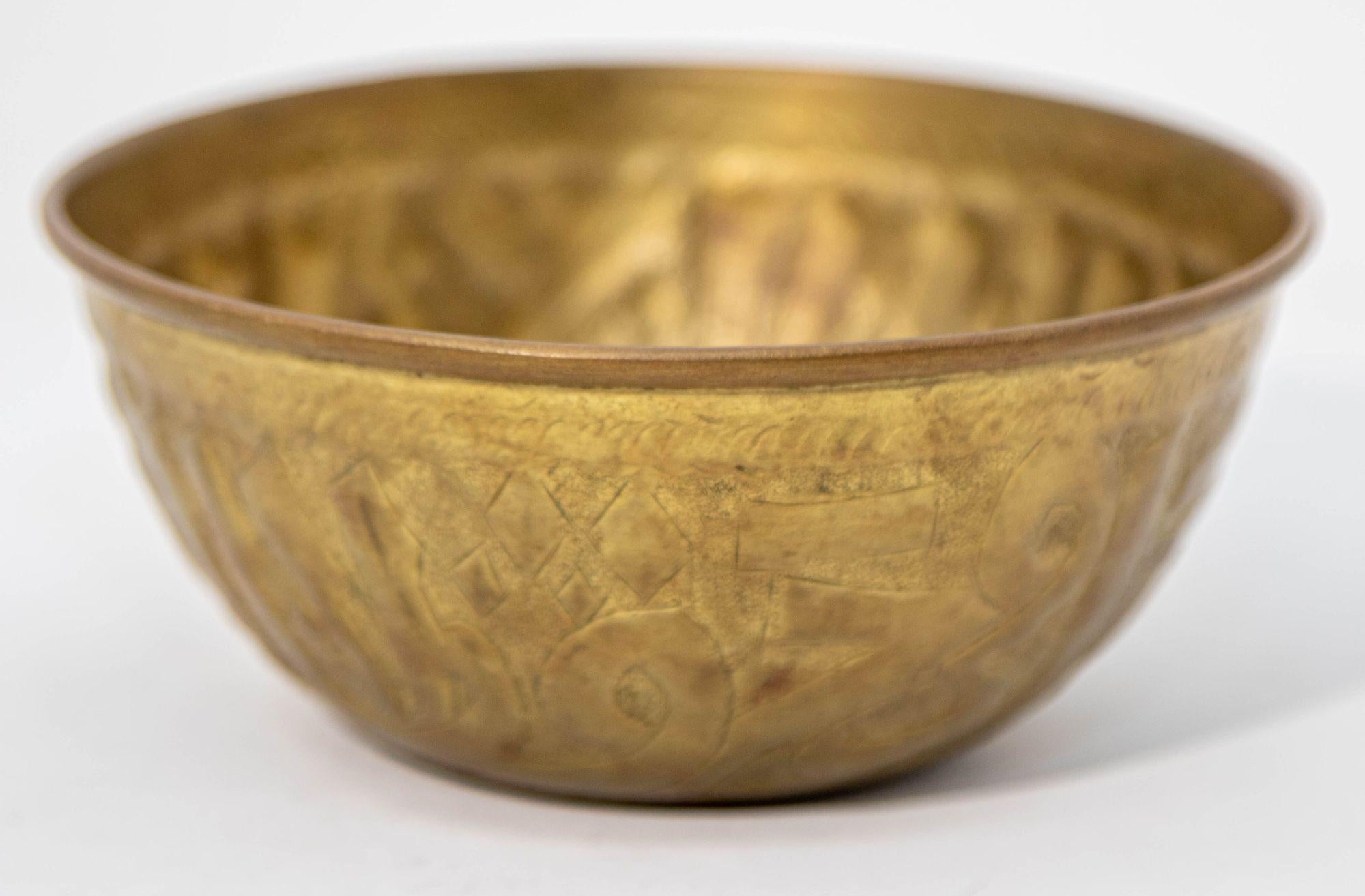 19th Century Antique Islamic Brass Chased Embossed Magic Bowl Indo Persian Mughal Brass Dish For Sale