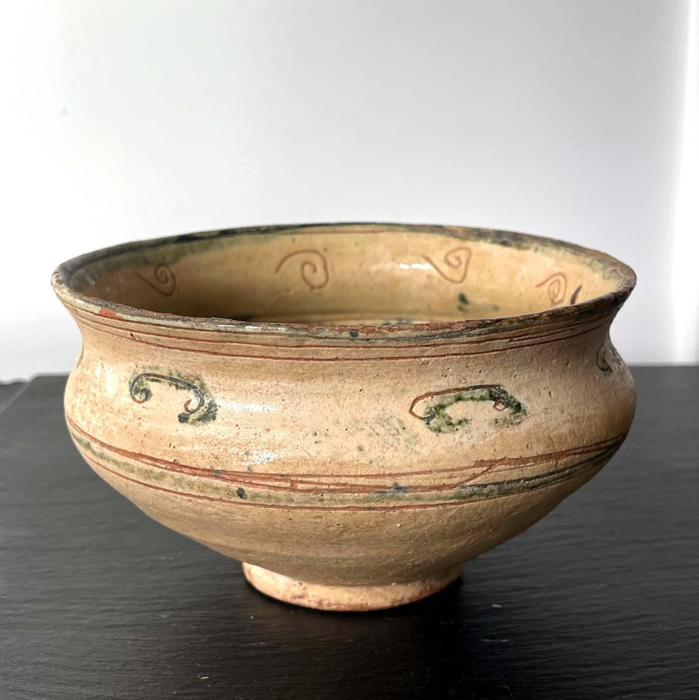 Persian Antique Islamic Ceramic Glazed Bowl with Splashed and Sgraffito Decoration For Sale
