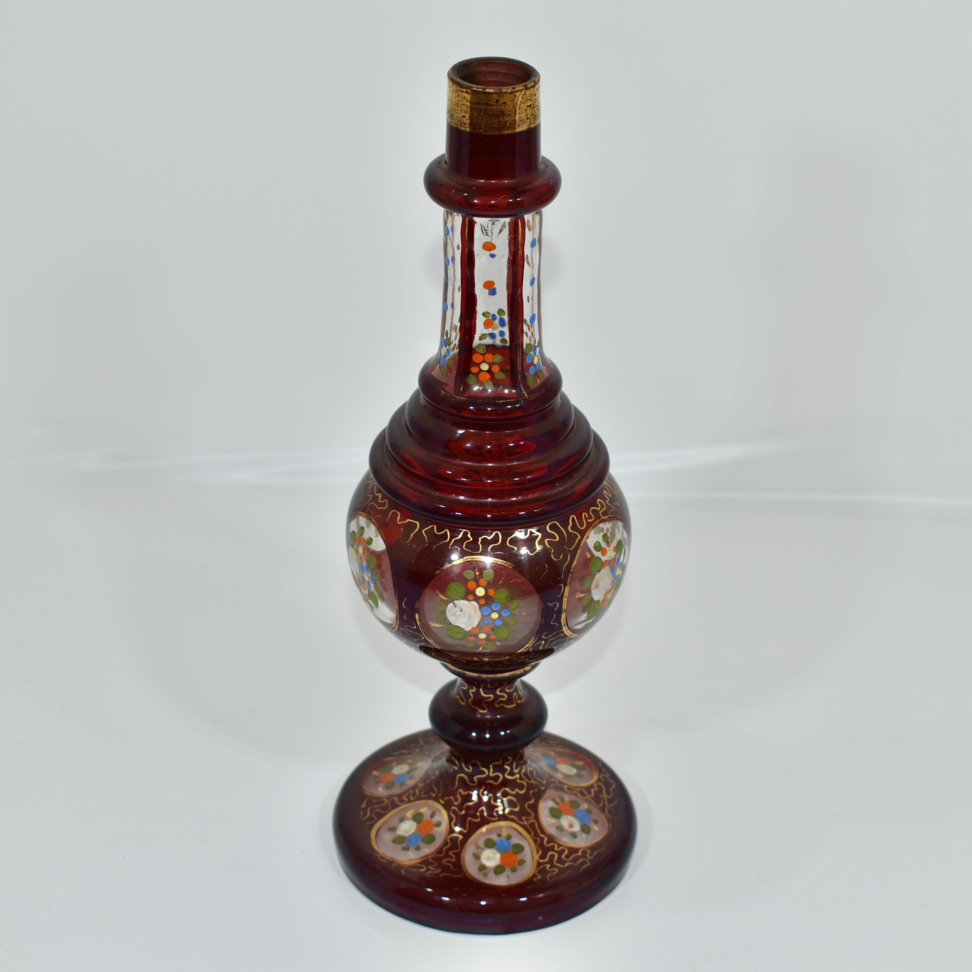 Antique Islamic Enameled Ruby Glass Rose Water Sprinkler, Bohemia, 19th Century In Good Condition For Sale In Rostock, MV