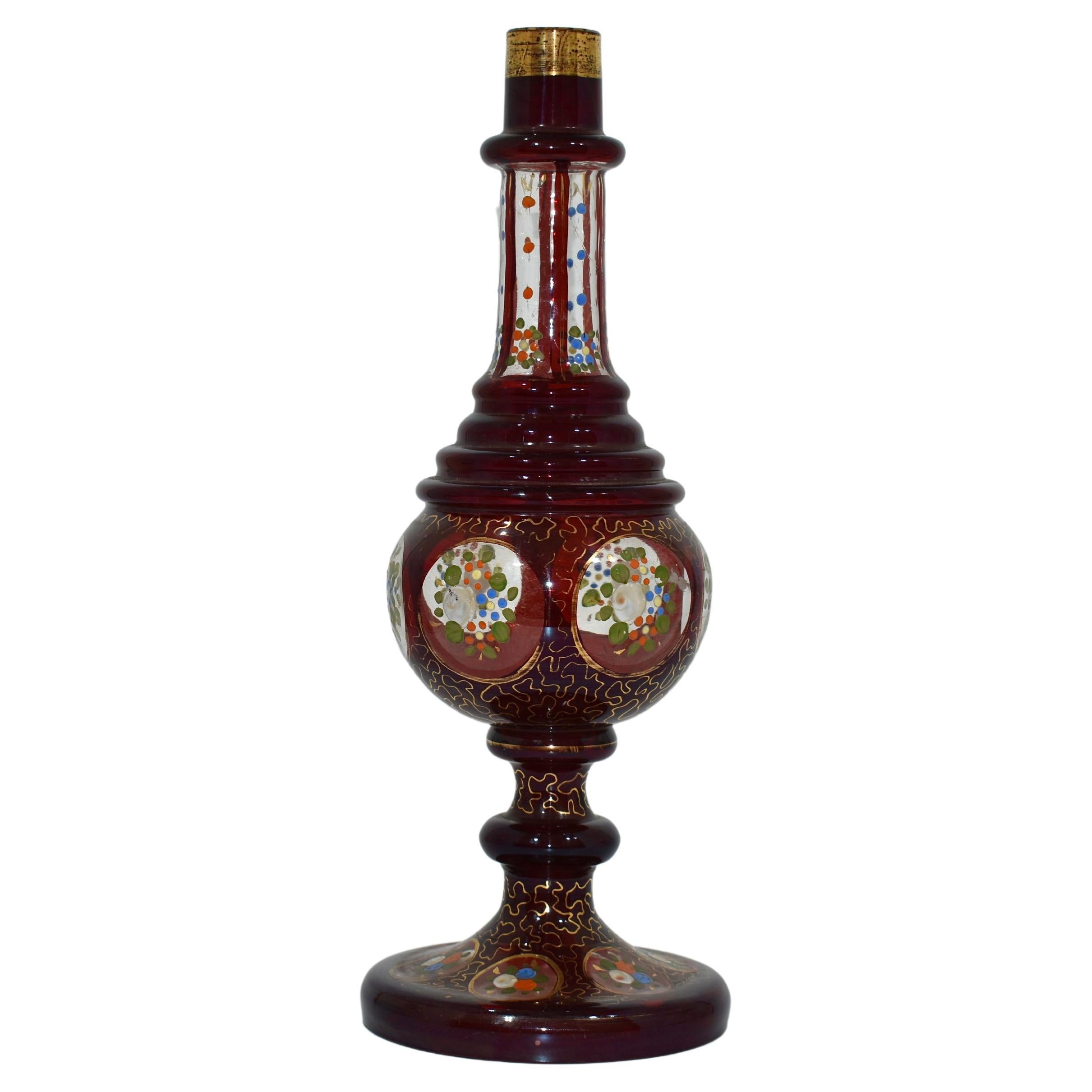 Antique Islamic Enameled Ruby Glass Rose Water Sprinkler, Bohemia, 19th Century For Sale