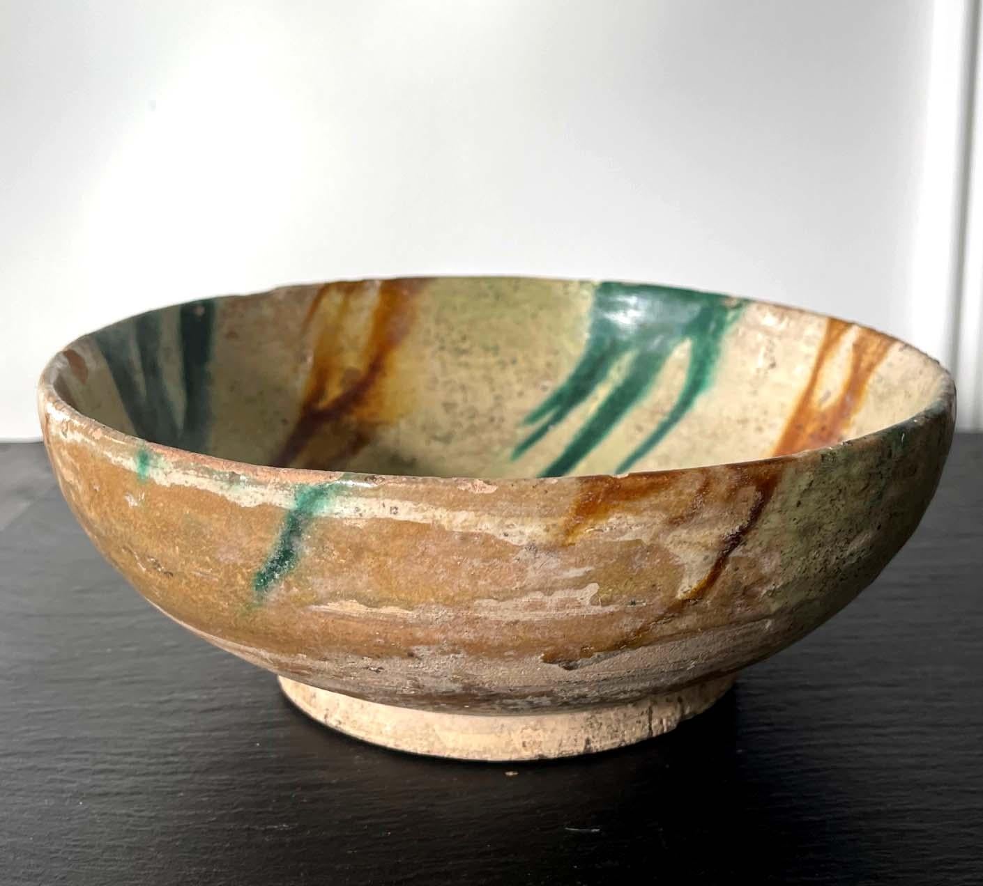 Persian Antique Islamic Glazed Ceramic Bowl with Splashed Decoration For Sale