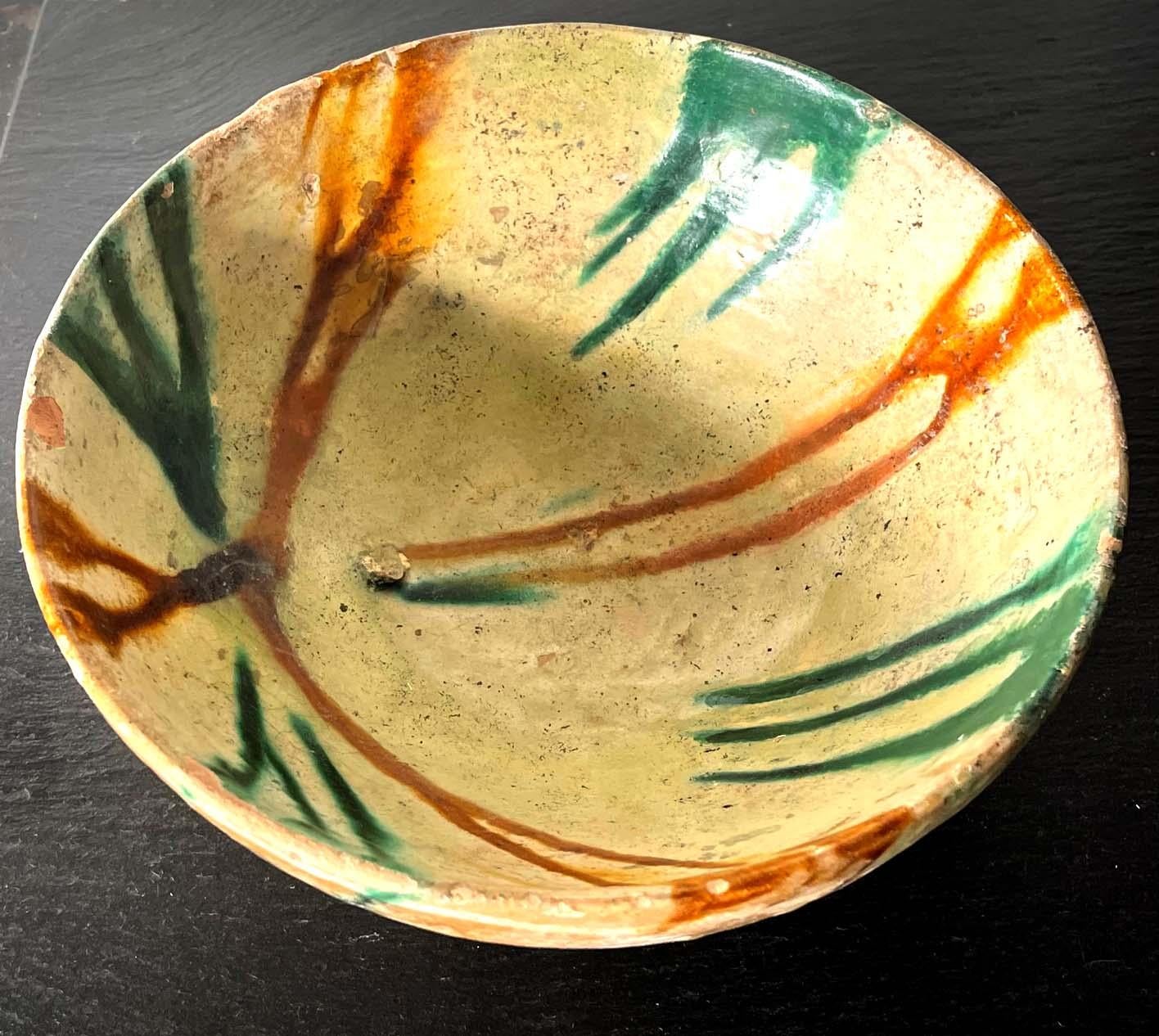 18th Century and Earlier Antique Islamic Glazed Ceramic Bowl with Splashed Decoration  For Sale