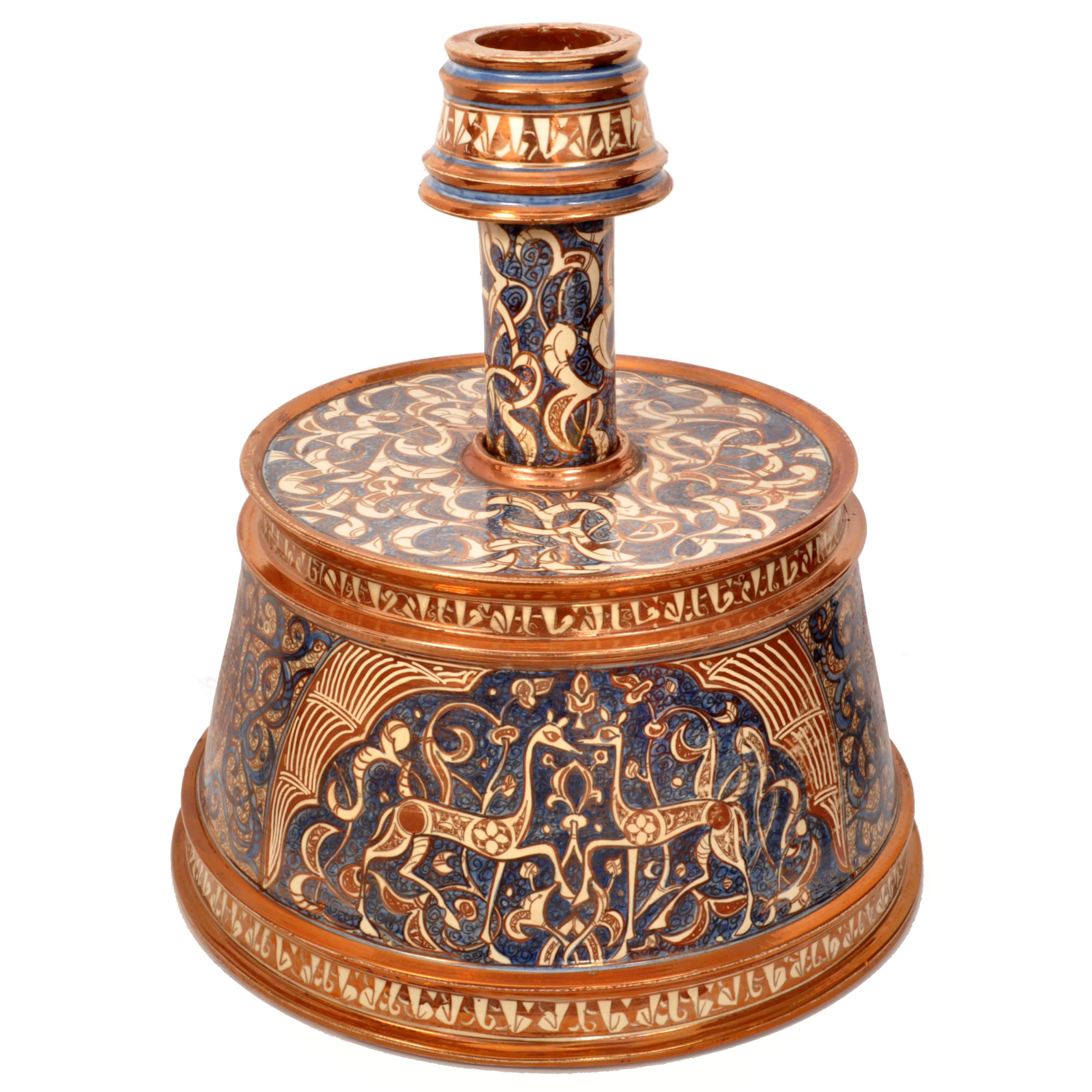 Late 19th Century Antique Islamic Hispano Moresque Lustre Pottery Mamluk Nasrid Candlestick 1870 For Sale