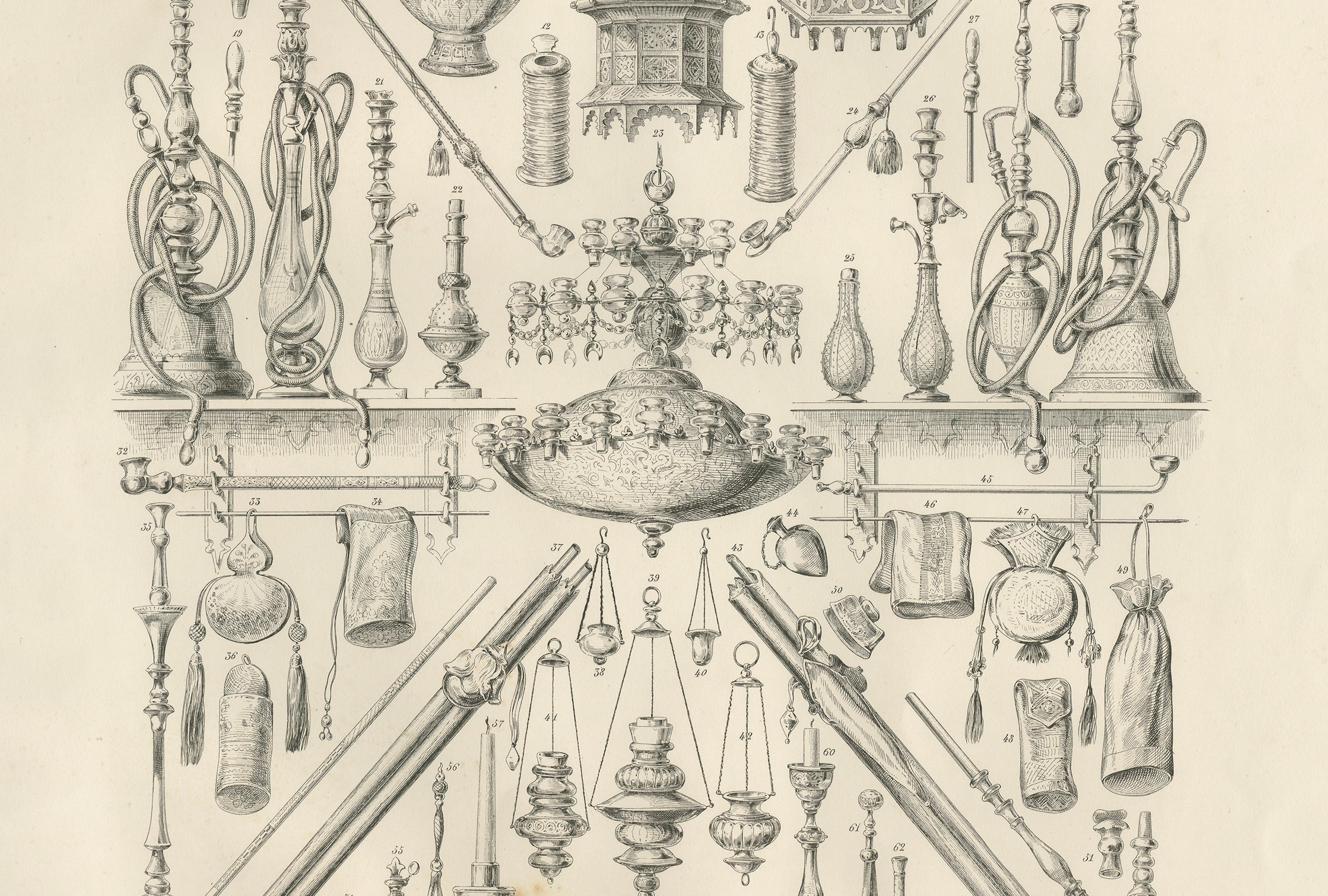 Antike islamische Lampen und Wasserpfeifen Objektstudie, Maximilian Ägypten 1846 (19. Jahrhundert) im Angebot