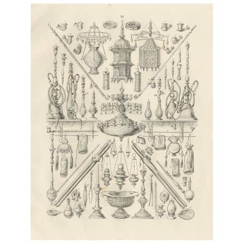 Antique Islamic Lamps and Hookahs Object Study, Maximilian Egypt 1846