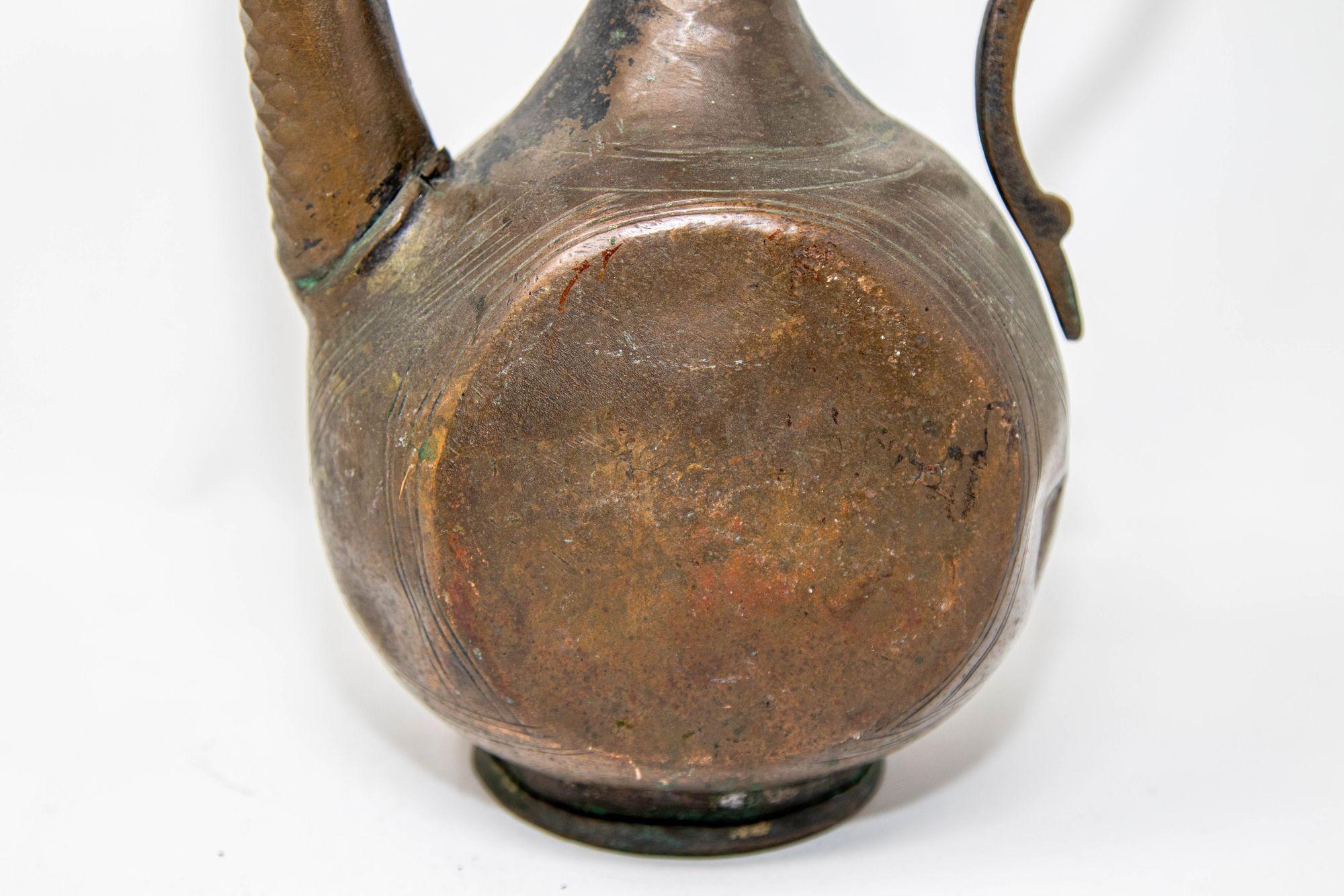 Hand-Crafted Antique Islamic Middle Eastern Qajar Persian Copper Ewer 19th Century For Sale