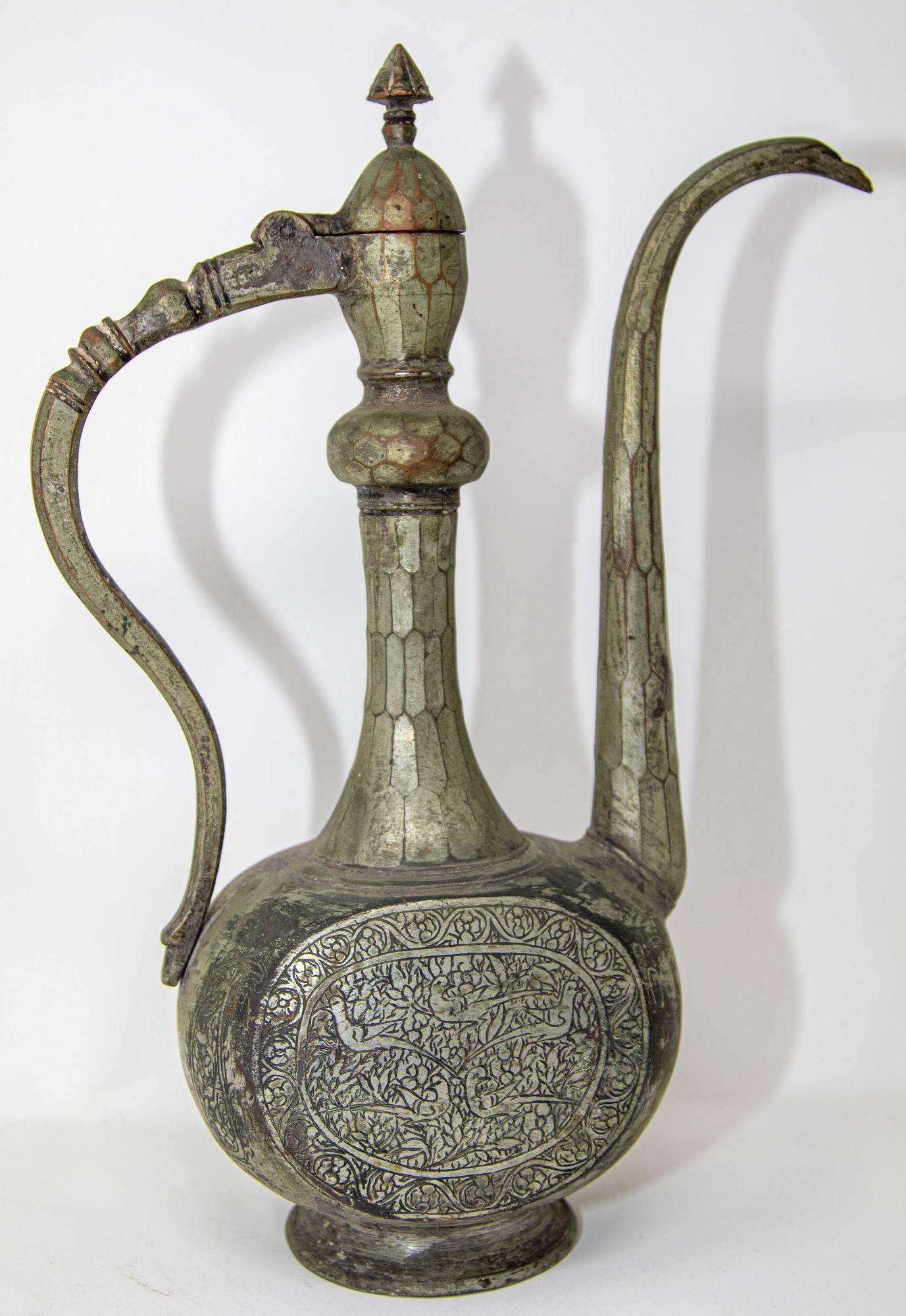 Antique Islamic Middle Eastern Qajar Persian Tinned Metal Ewer 19th Century For Sale 10