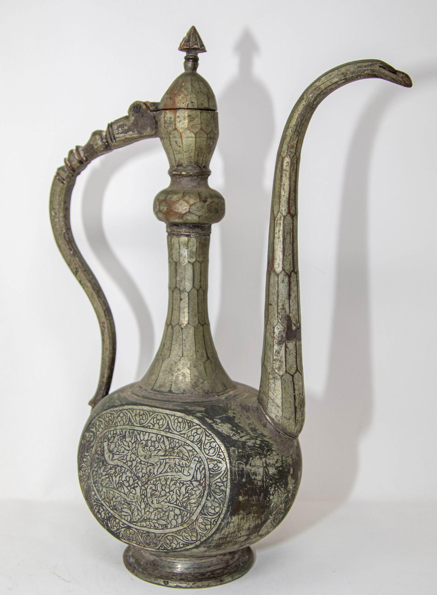 Antique Islamic Middle Eastern Qajar Persian Tinned Metal Ewer 19th Century For Sale 11