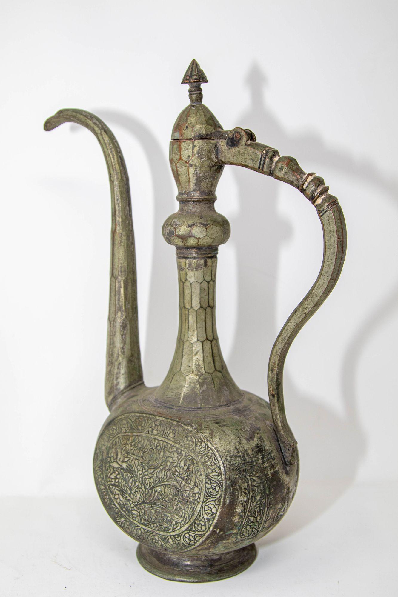 Etched Antique Islamic Middle Eastern Qajar Persian Tinned Metal Ewer 19th Century For Sale