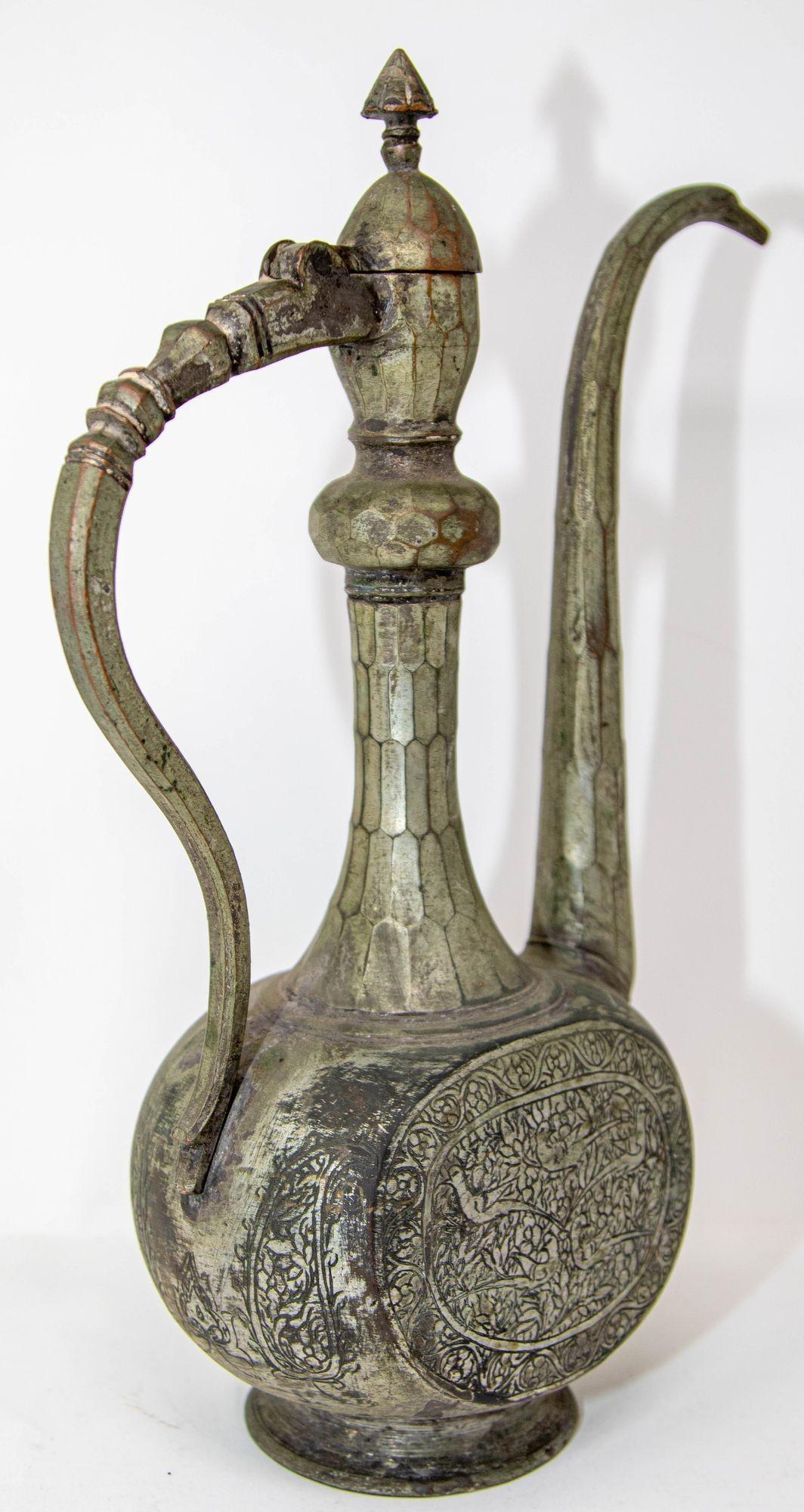 Antique Islamic Middle Eastern Qajar Persian Tinned Metal Ewer 19th Century In Good Condition For Sale In North Hollywood, CA