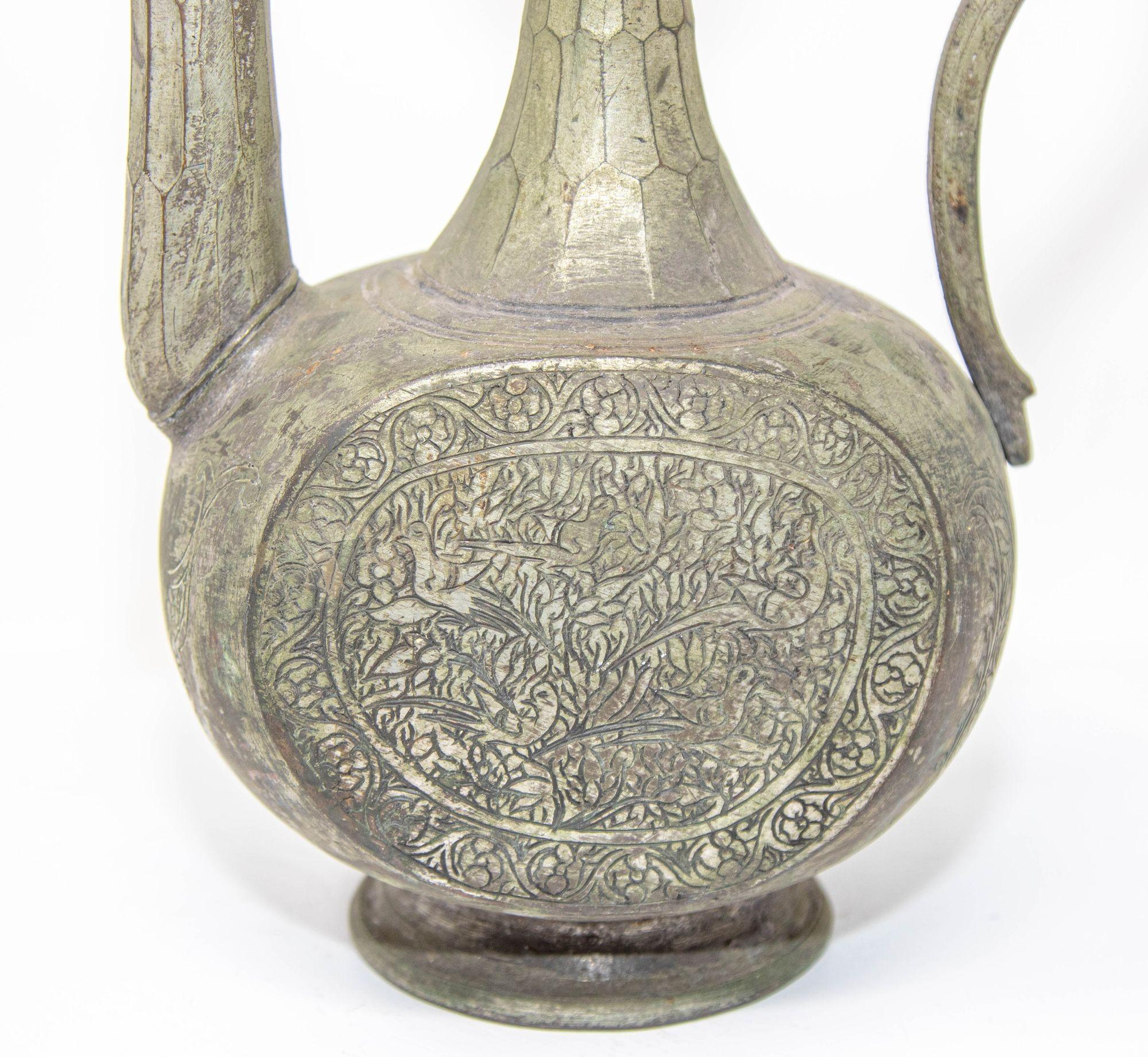 Antique Islamic Middle Eastern Qajar Persian Tinned Metal Ewer 19th Century For Sale 1