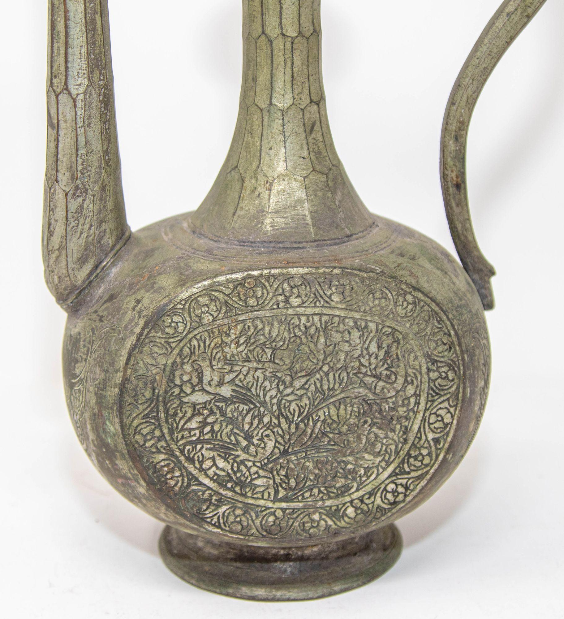 Antique Islamic Middle Eastern Qajar Persian Tinned Metal Ewer 19th Century For Sale 2