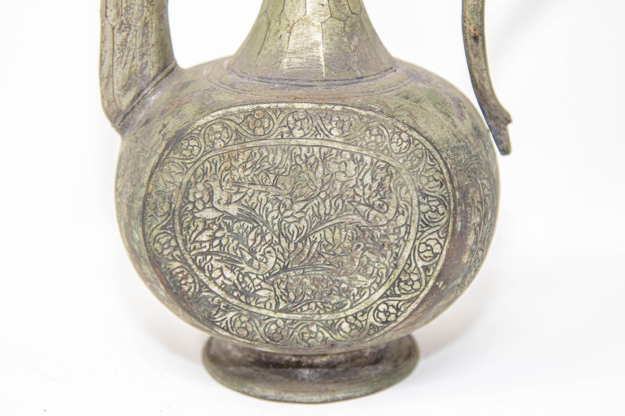Antique Islamic Middle Eastern Qajar Persian Tinned Metal Ewer 19th Century For Sale 5