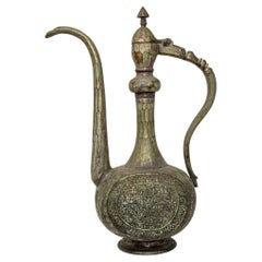 Antique Islamic Middle Eastern Qajar Persian Tinned Metal Ewer 19th Century