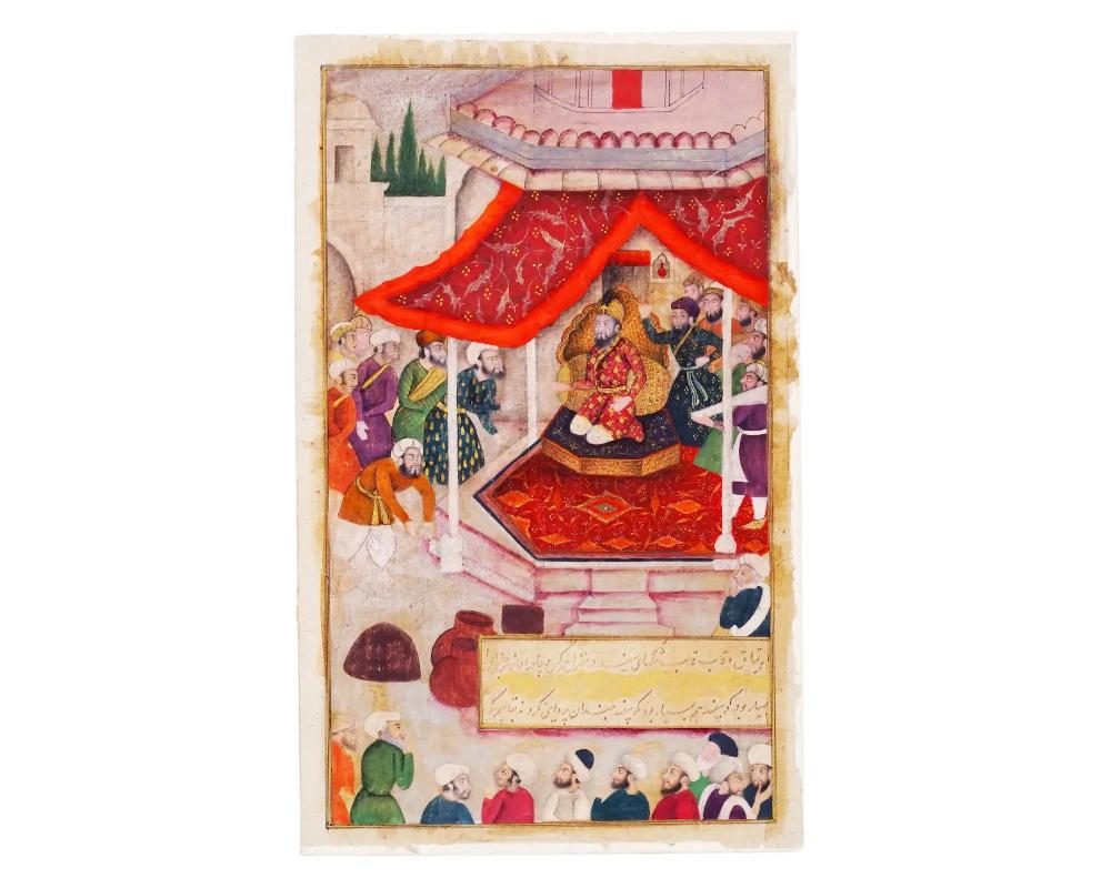 An antique Islamic miniature painting on paper with a traditional plot from secular life, circa 1800. Painted in opaque watercolor with gold acents. On a dais under a red canopy sits the ruler, who is surrounded on all sides by his subjects, looking