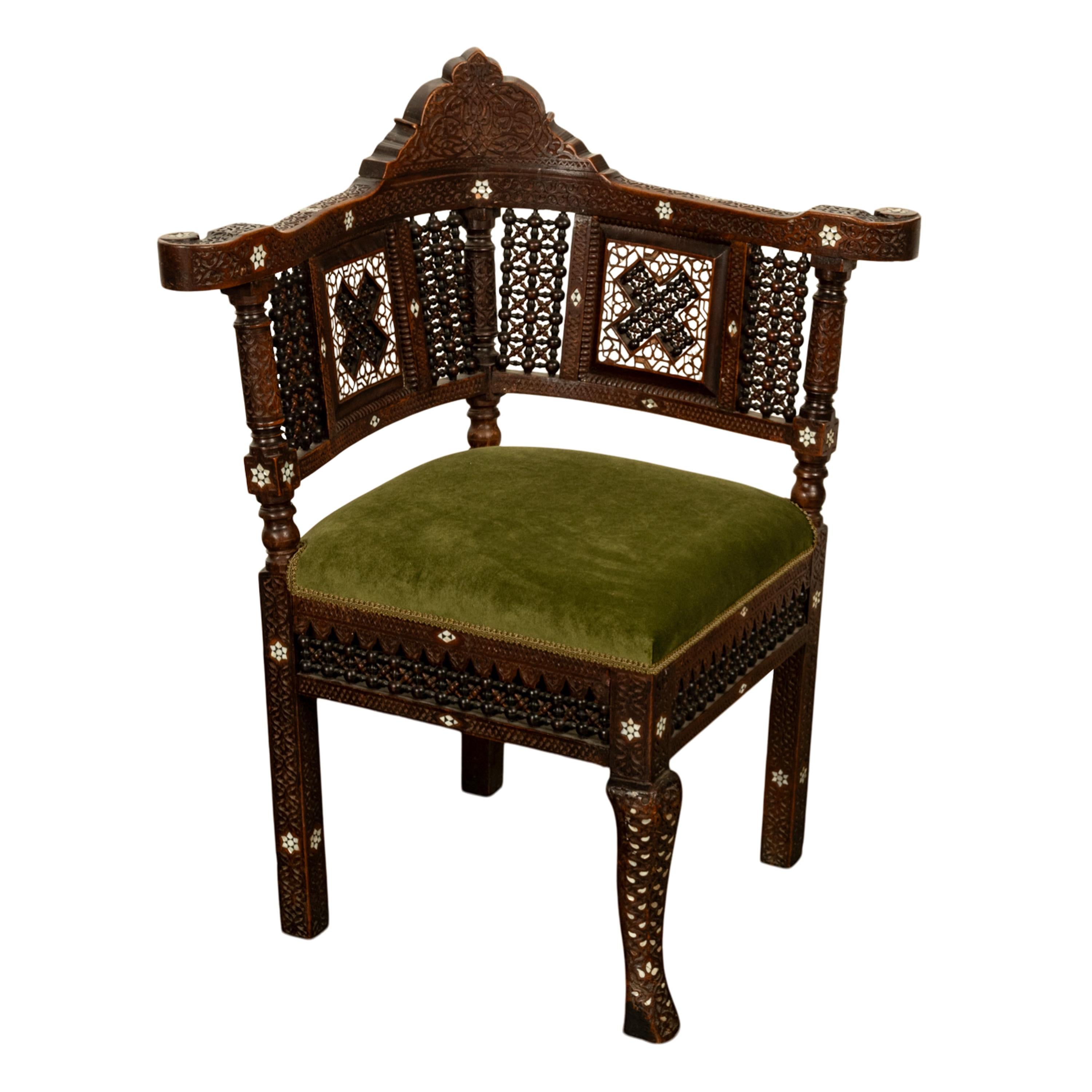 Late 19th Century Antique Islamic Moorish Syrian Carved Inlaid Mother of Pearl Corner Chair 1880