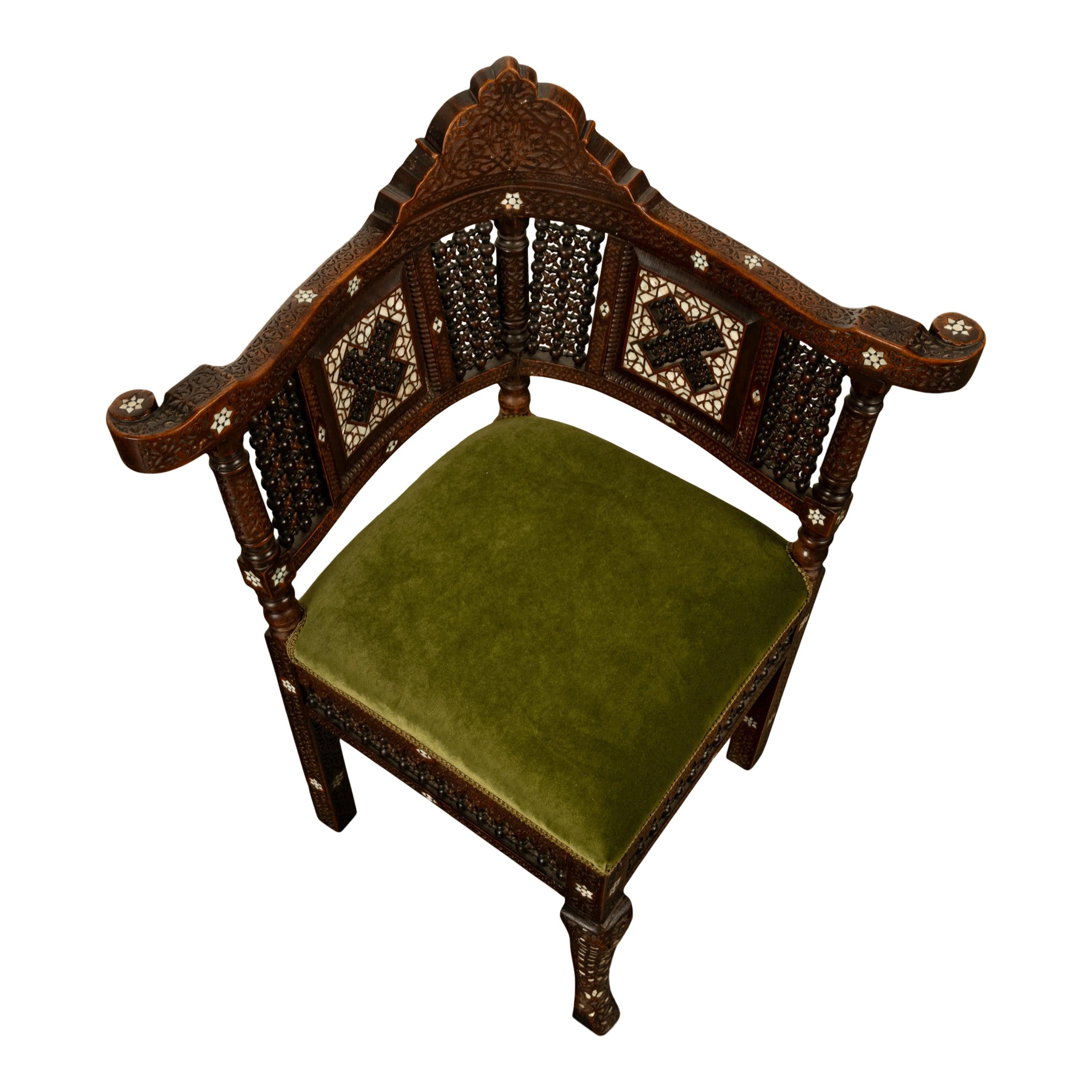 Mother-of-Pearl Antique Islamic Moorish Syrian Carved Inlaid Mother of Pearl Corner Chair 1880