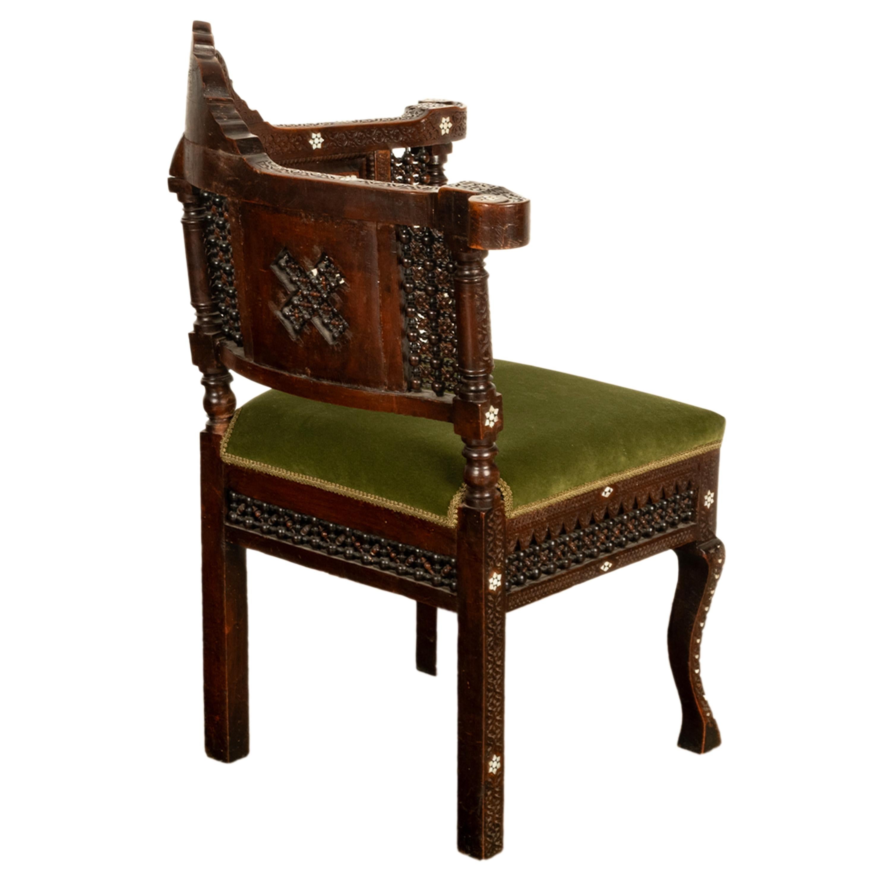 Antique Islamic Moorish Syrian Carved Inlaid Mother of Pearl Corner Chair 1880 2