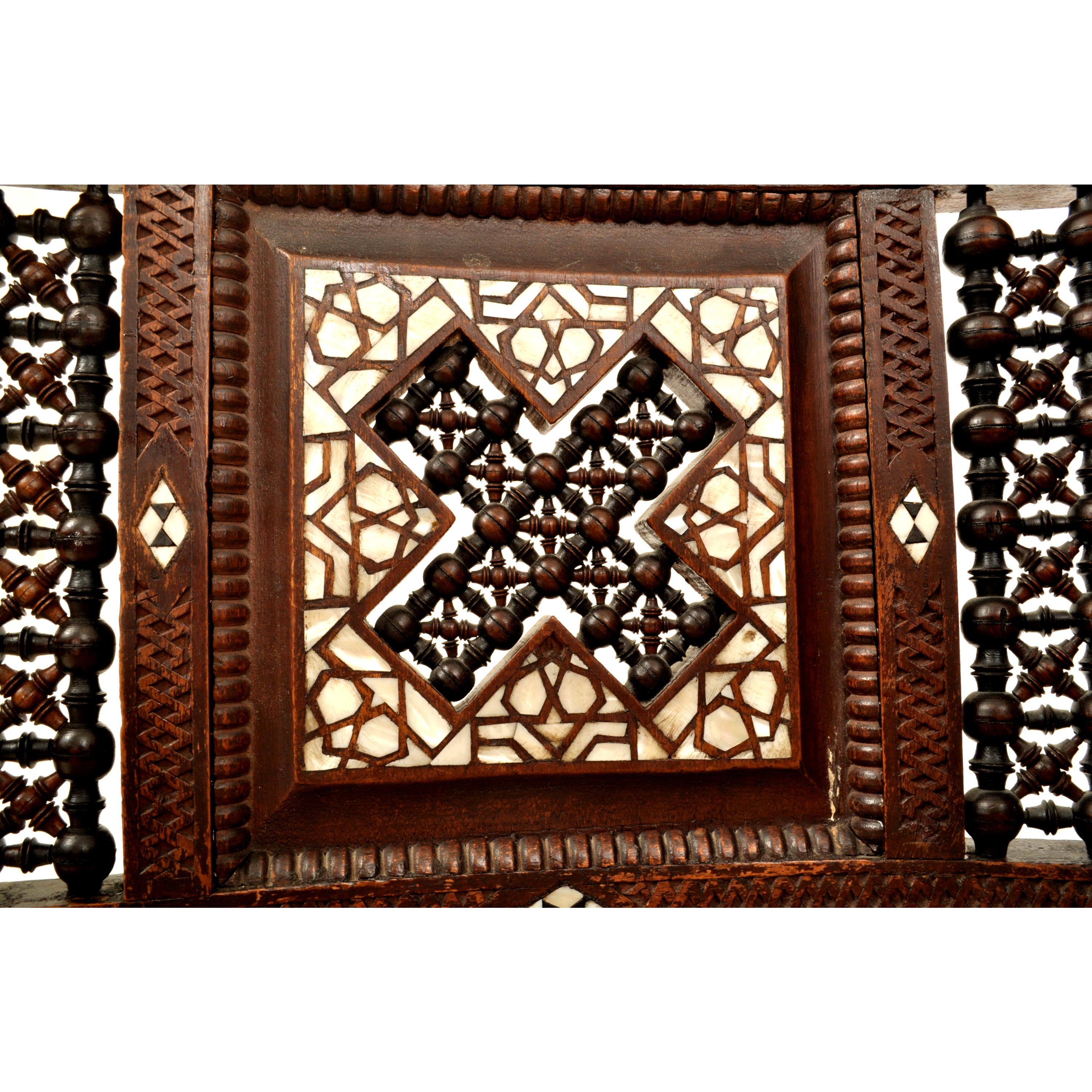 Antique Islamic Moorish Syrian Carved Inlaid Mother of Pearl Corner Chair 1880 For Sale 3