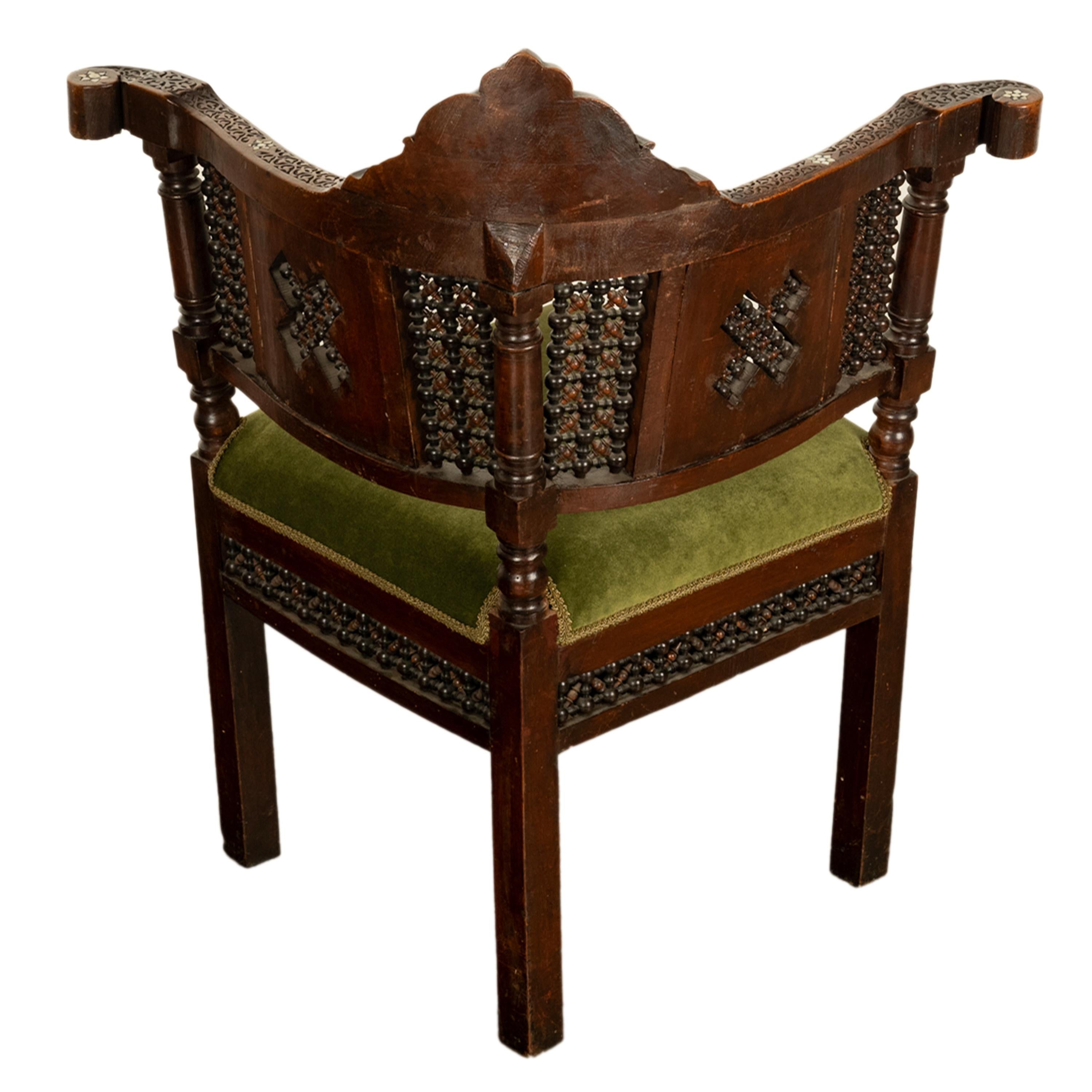 Antique Islamic Moorish Syrian Carved Inlaid Mother of Pearl Corner Chair 1880 4