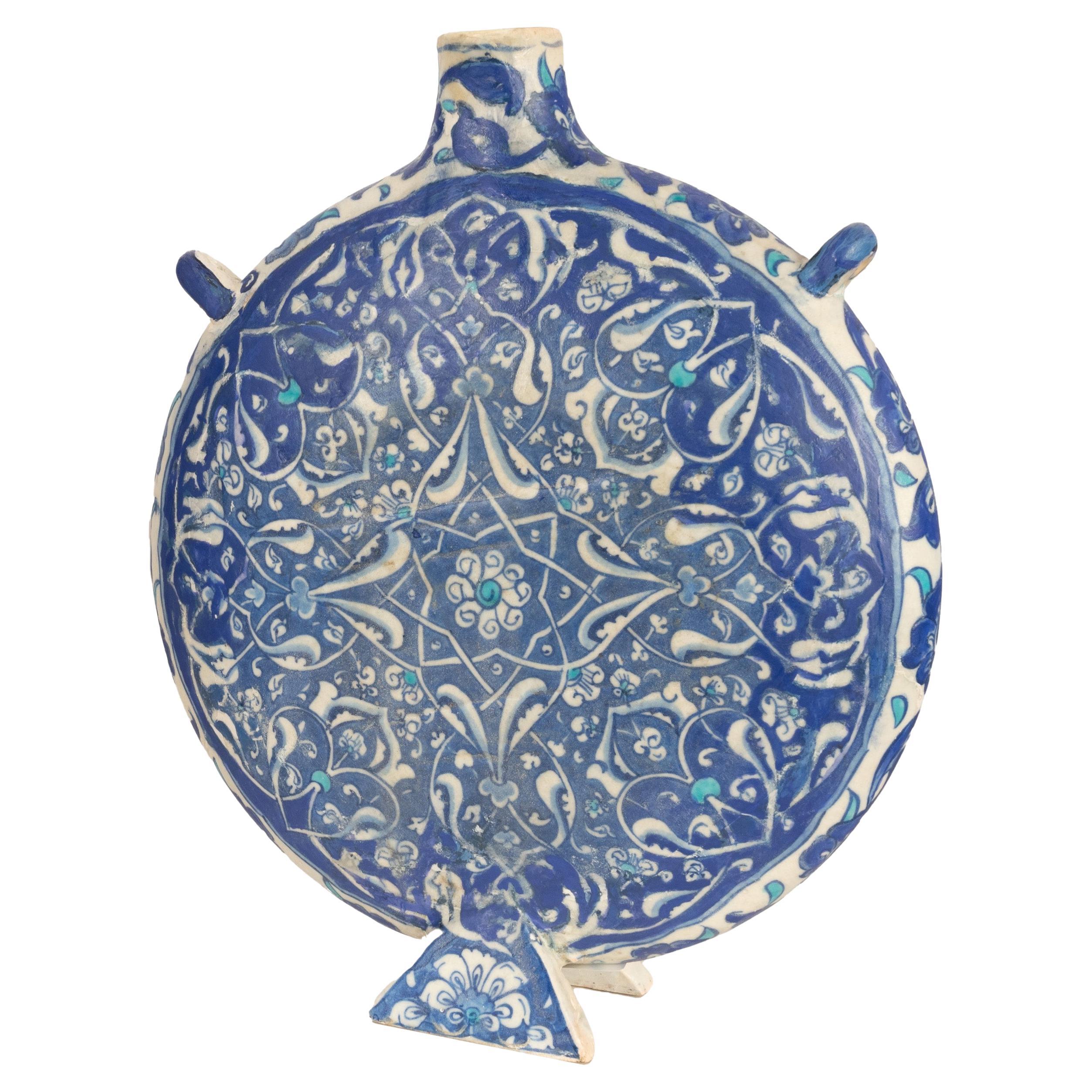 Turkish Antique Islamic Ottoman Iznik Kutahya Blue & White Pottery Pilgrim Flask Turkey