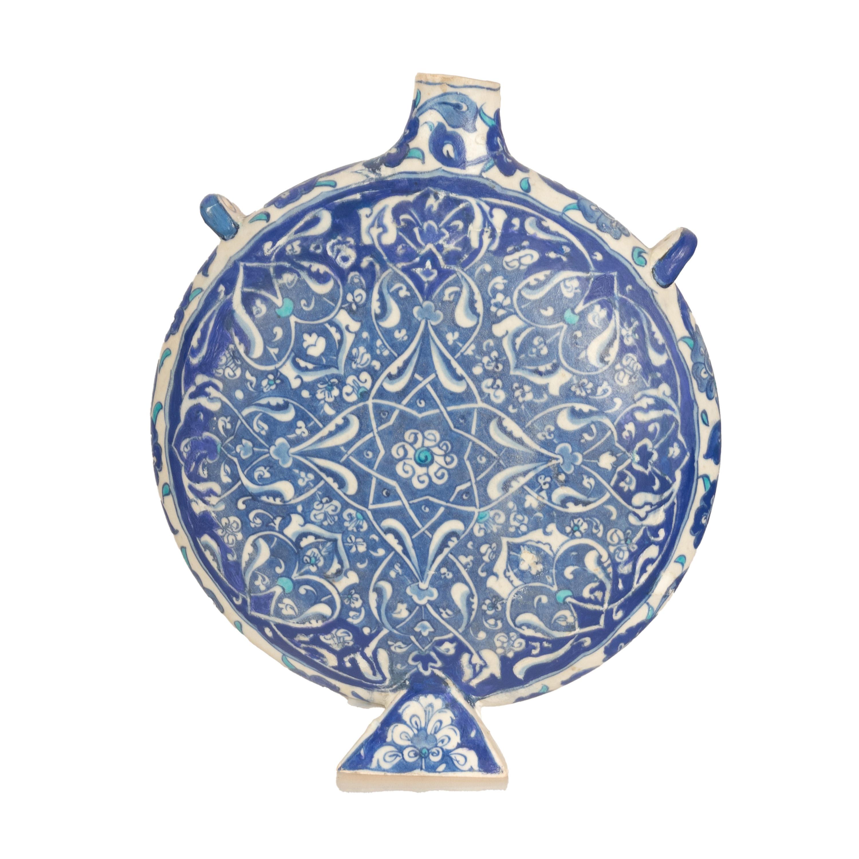 Glazed Antique Islamic Ottoman Iznik Kutahya Blue & White Pottery Pilgrim Flask Turkey