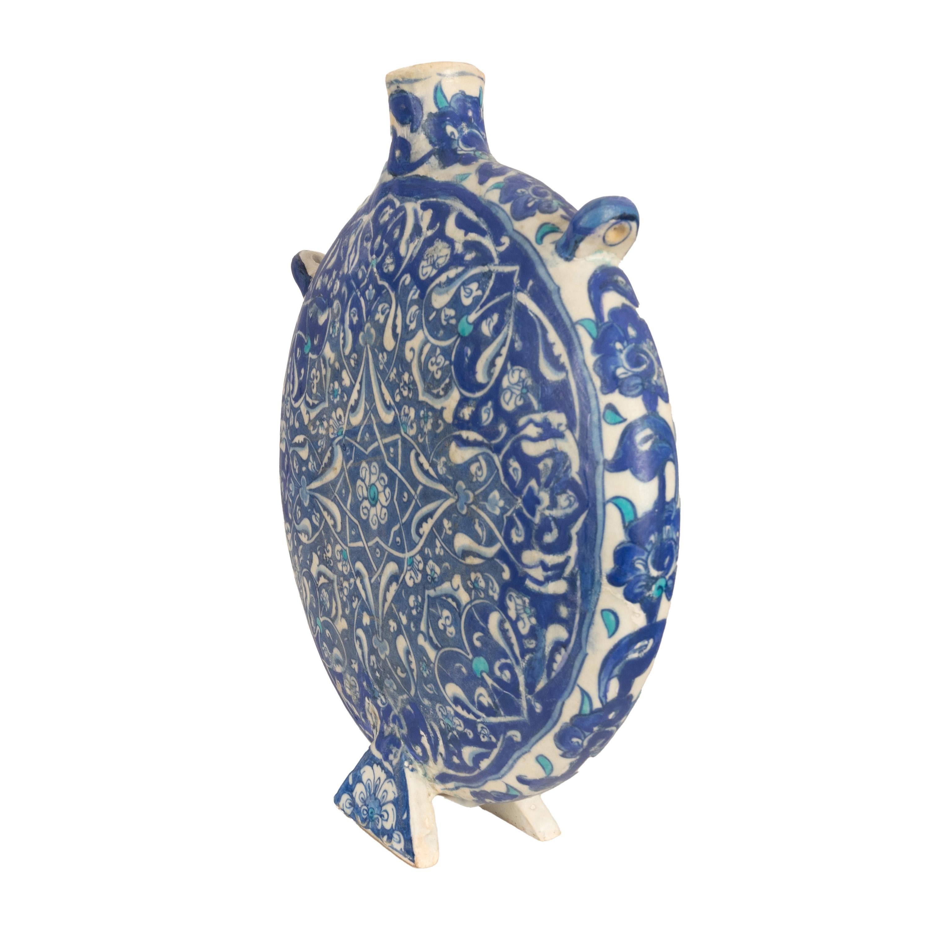 Antique Islamic Ottoman Iznik Kutahya Blue & White Pottery Pilgrim Flask Turkey In Good Condition In Portland, OR