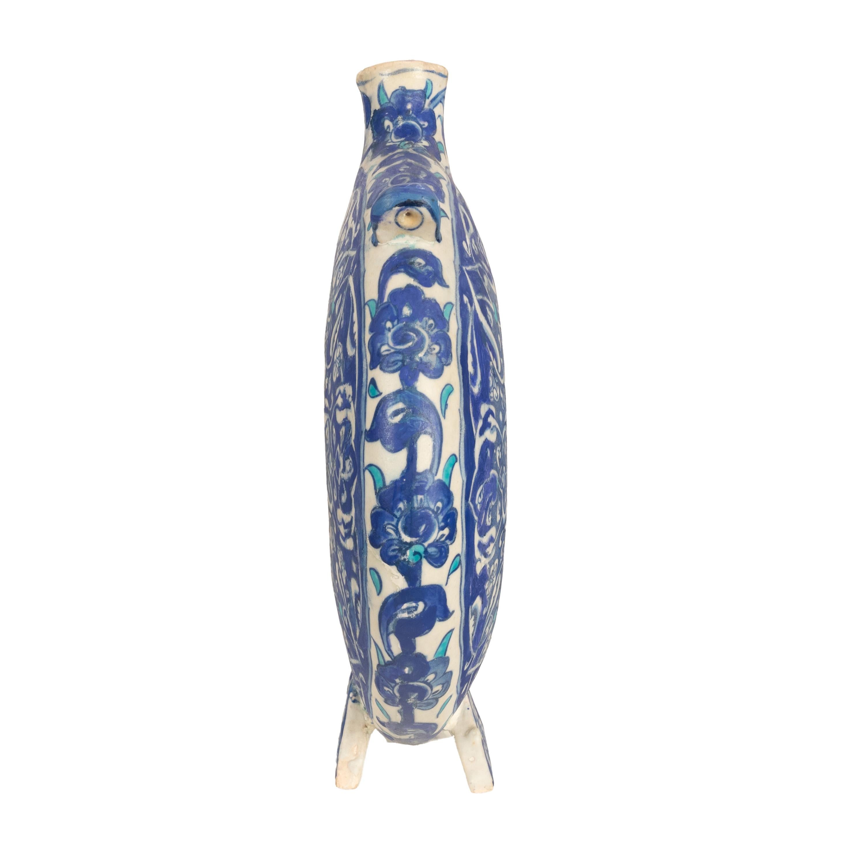 18th Century and Earlier Antique Islamic Ottoman Iznik Kutahya Blue & White Pottery Pilgrim Flask Turkey