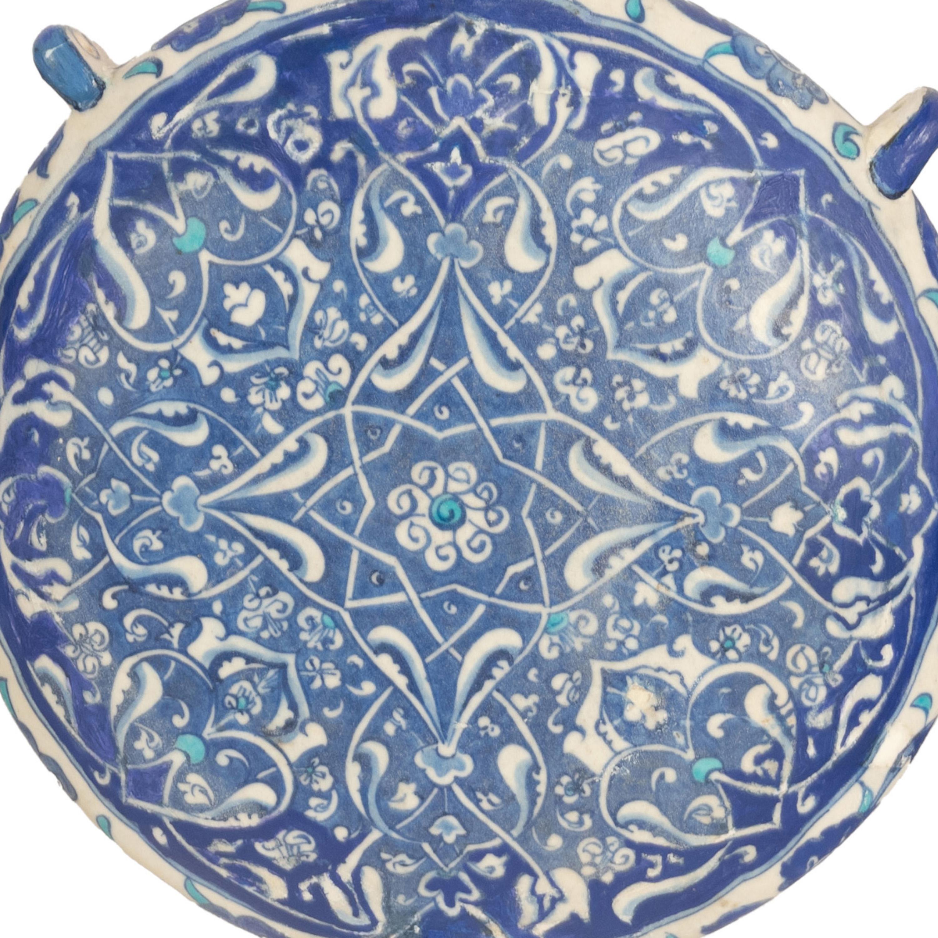 Antique Islamic Ottoman Iznik Kutahya Blue & White Pottery Pilgrim Flask Turkey 1