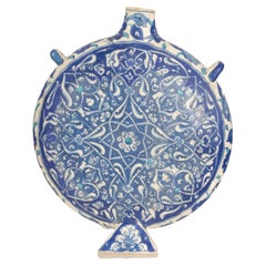 Antique Islamic Ottoman Iznik Kutahya Blue & White Pottery Pilgrim Flask Turkey