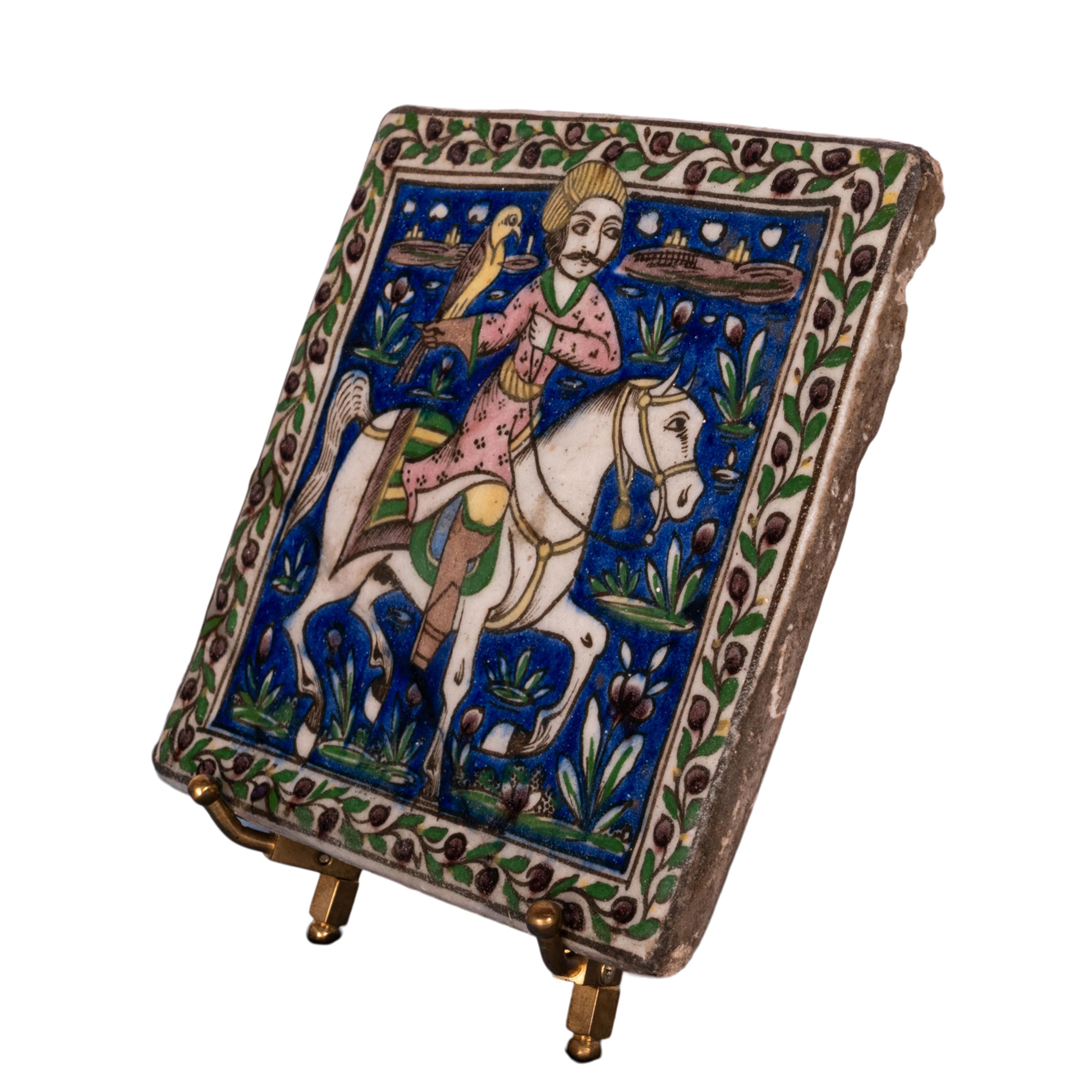 Antique Islamic Persian Painted Relief Tile Falconer Prince Horseback Qajar 1850 In Good Condition For Sale In Portland, OR
