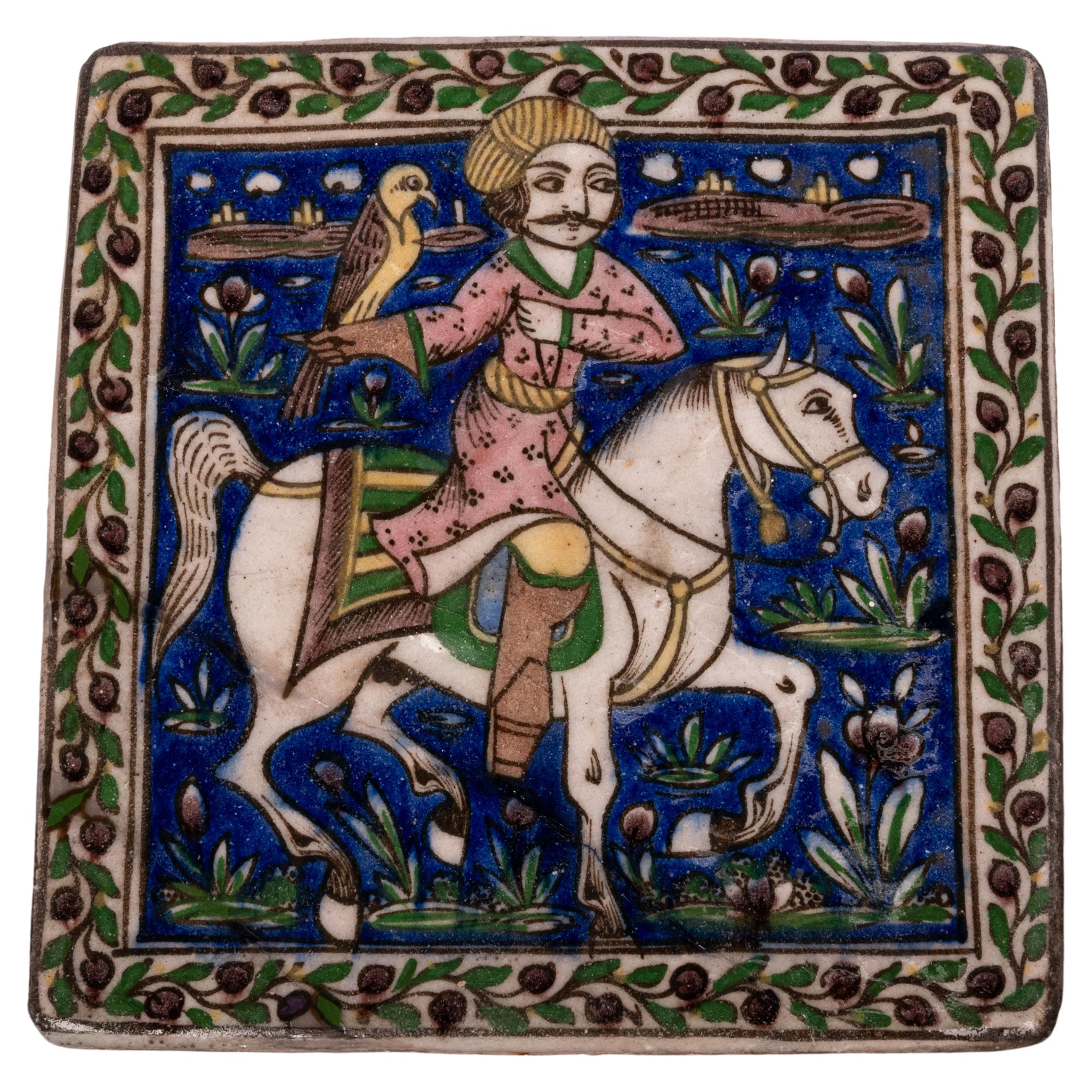Antique Islamic Persian Painted Relief Tile Falconer Prince Horseback Qajar 1850 For Sale
