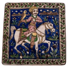 Antique Islamic Persian Painted Relief Tile Falconer Prince Horseback Qajar 1850