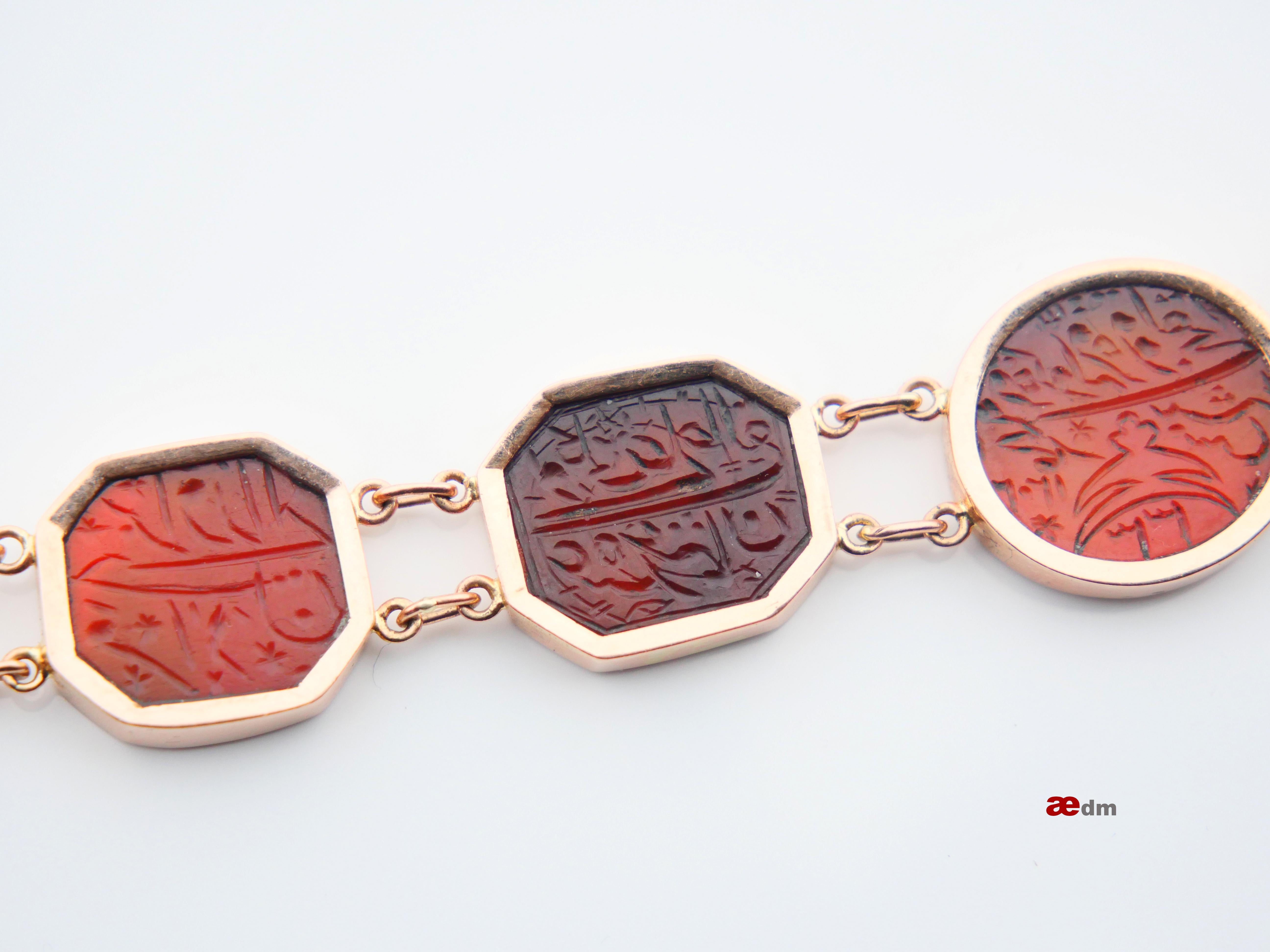 Arts and Crafts Antique Islamic Shia Intaglio Bracelet Carnelian solid 14K Rose Gold 18cm/ 29gr For Sale