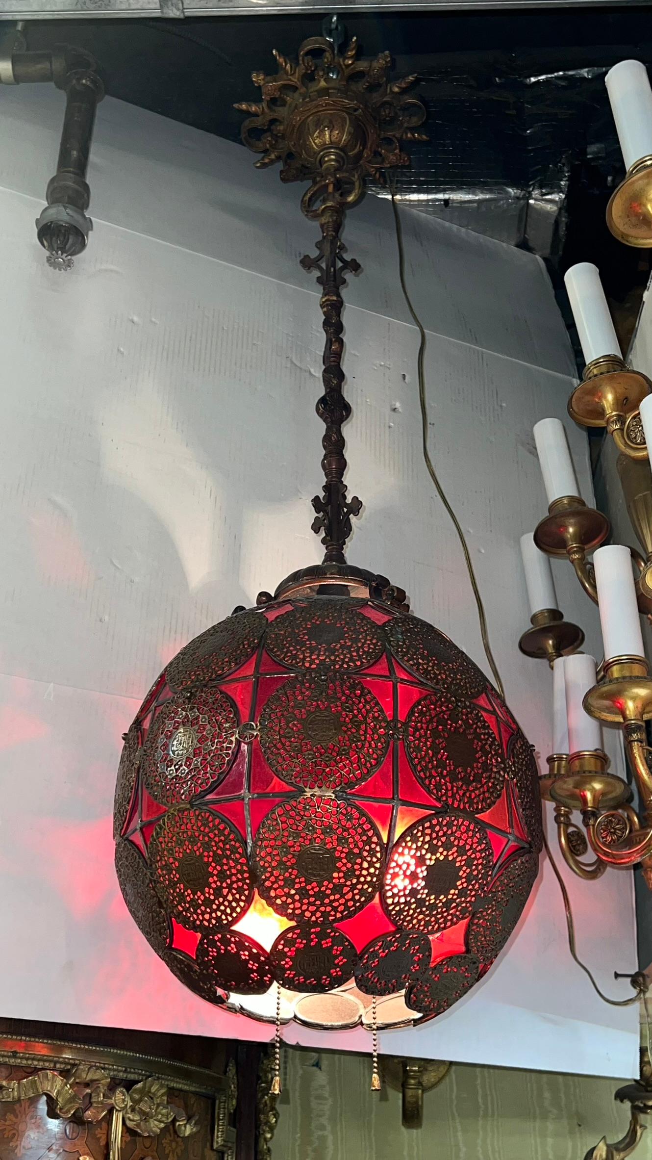 Antique Islamic Spherical Leaded Red Glass Hanging Lamp For Sale 5