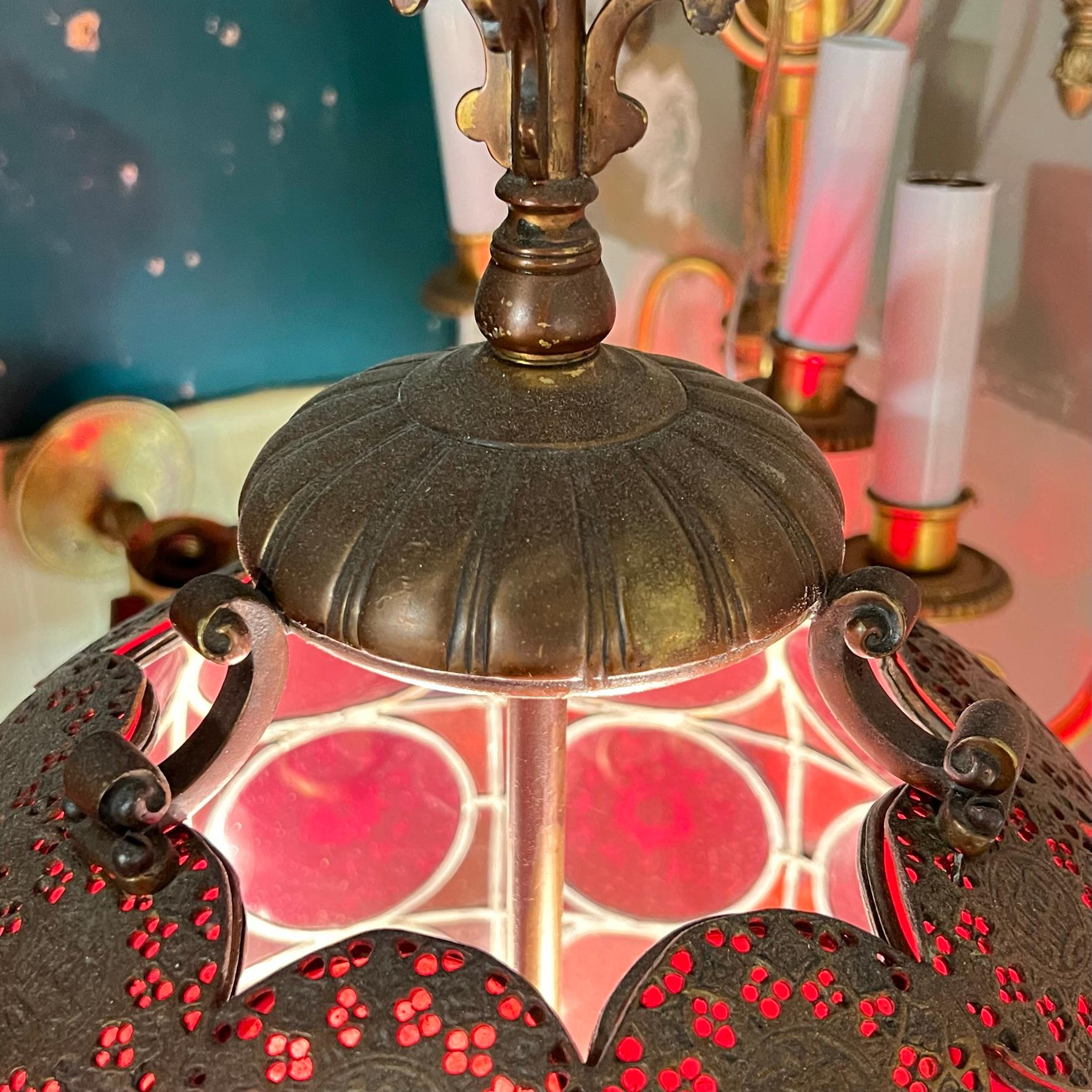 Antique Islamic Spherical Leaded Red Glass Hanging Lamp In Good Condition For Sale In New York, NY