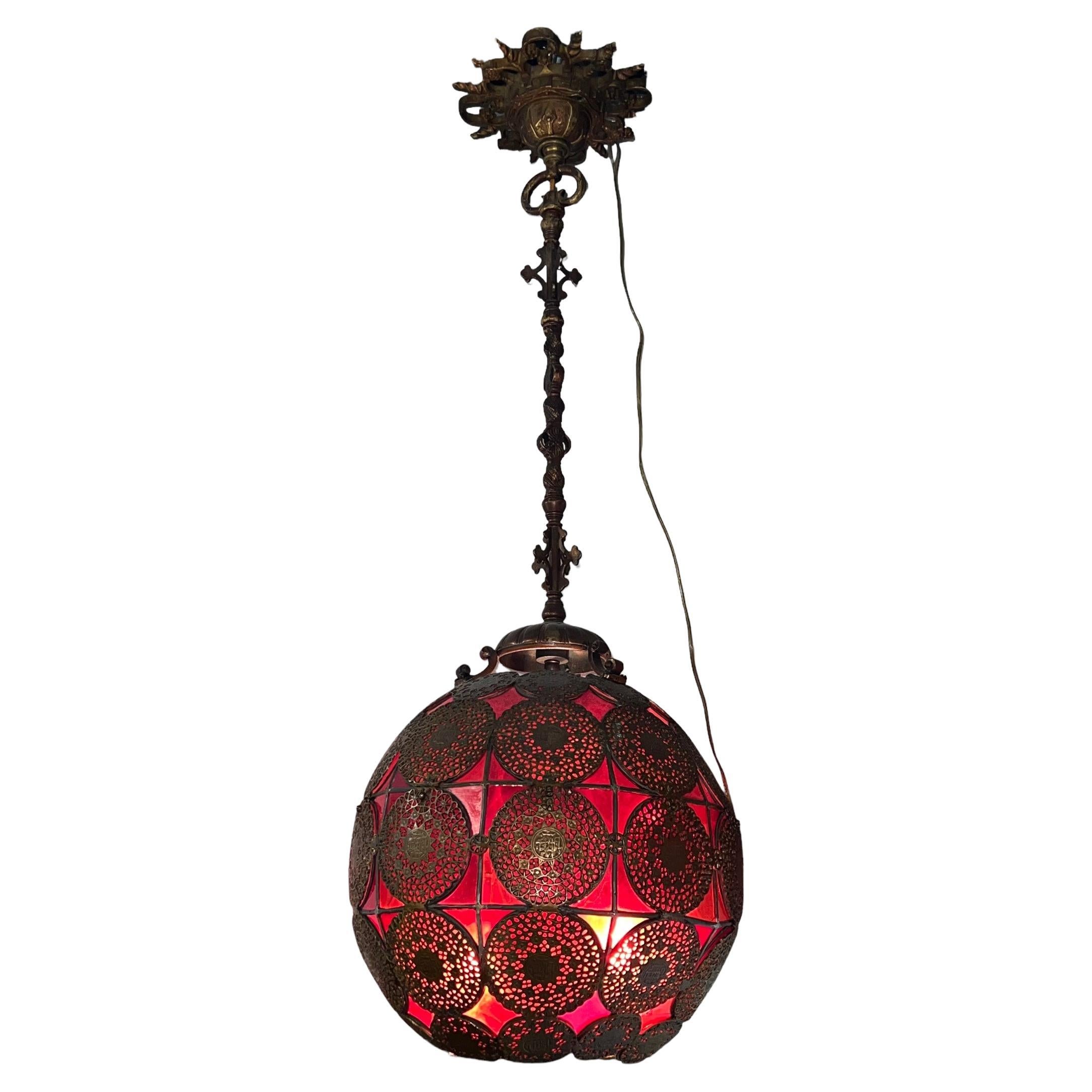 Antique Islamic Spherical Leaded Red Glass Hanging Lamp For Sale