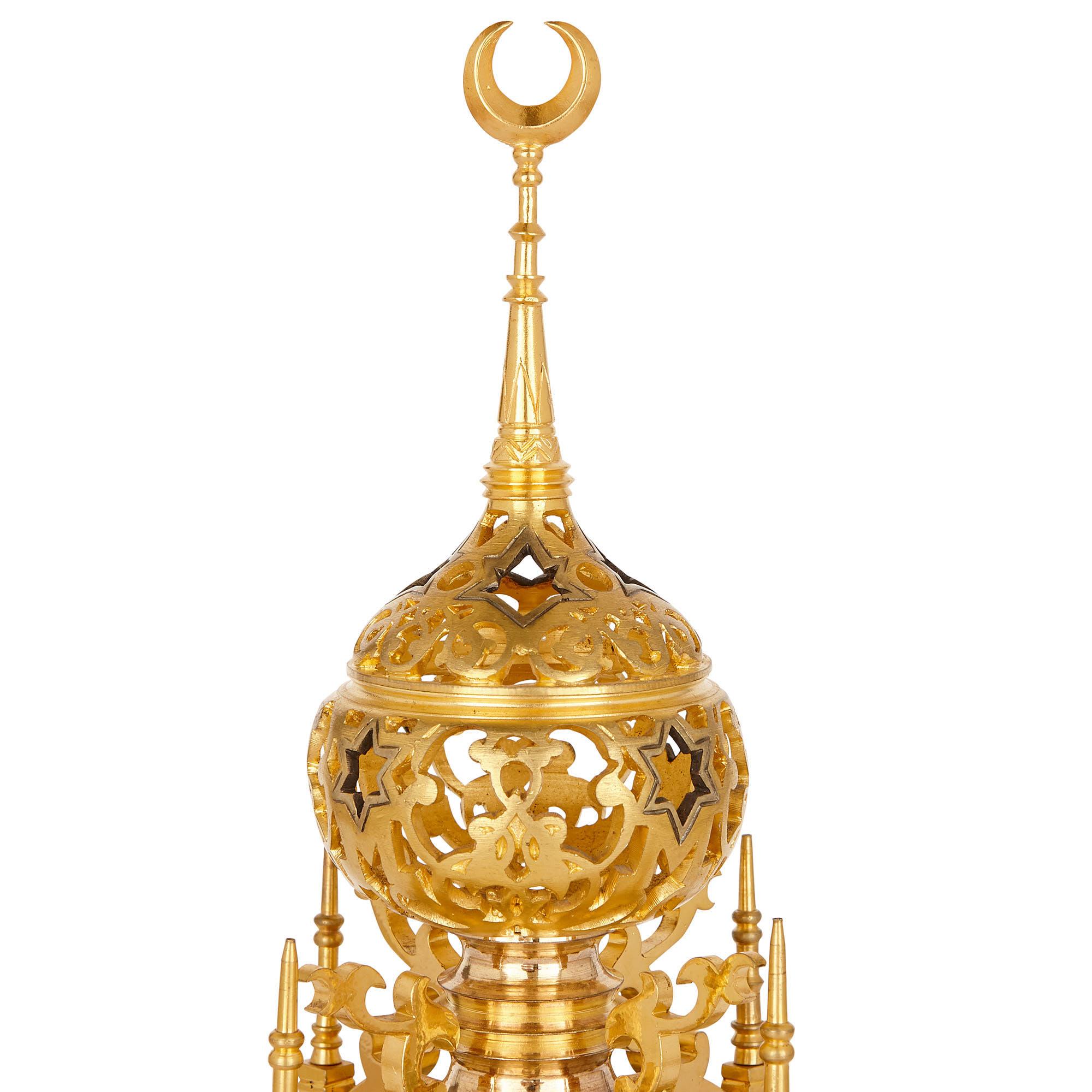 French Antique Islamic Style Silvered and Gilt Bronze Clock by Charles Oudin