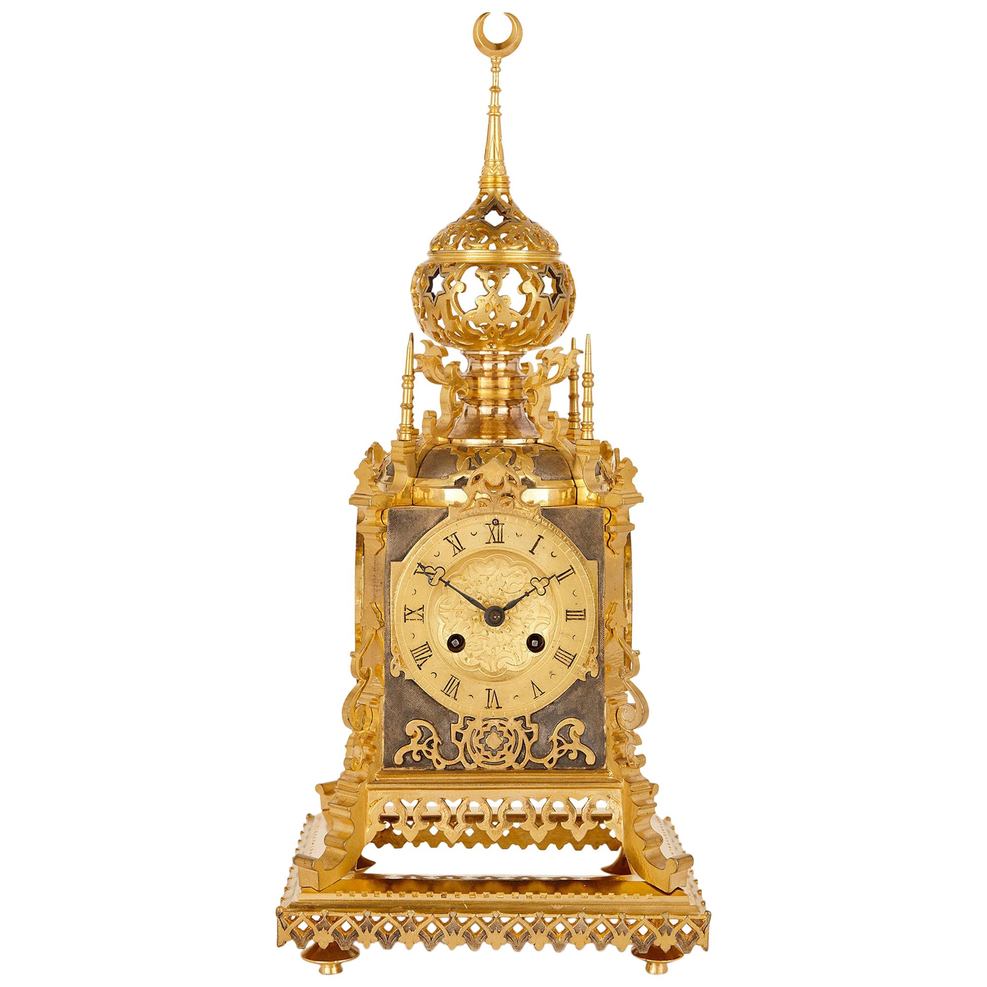 Antique Islamic Style Silvered and Gilt Bronze Clock by Charles Oudin