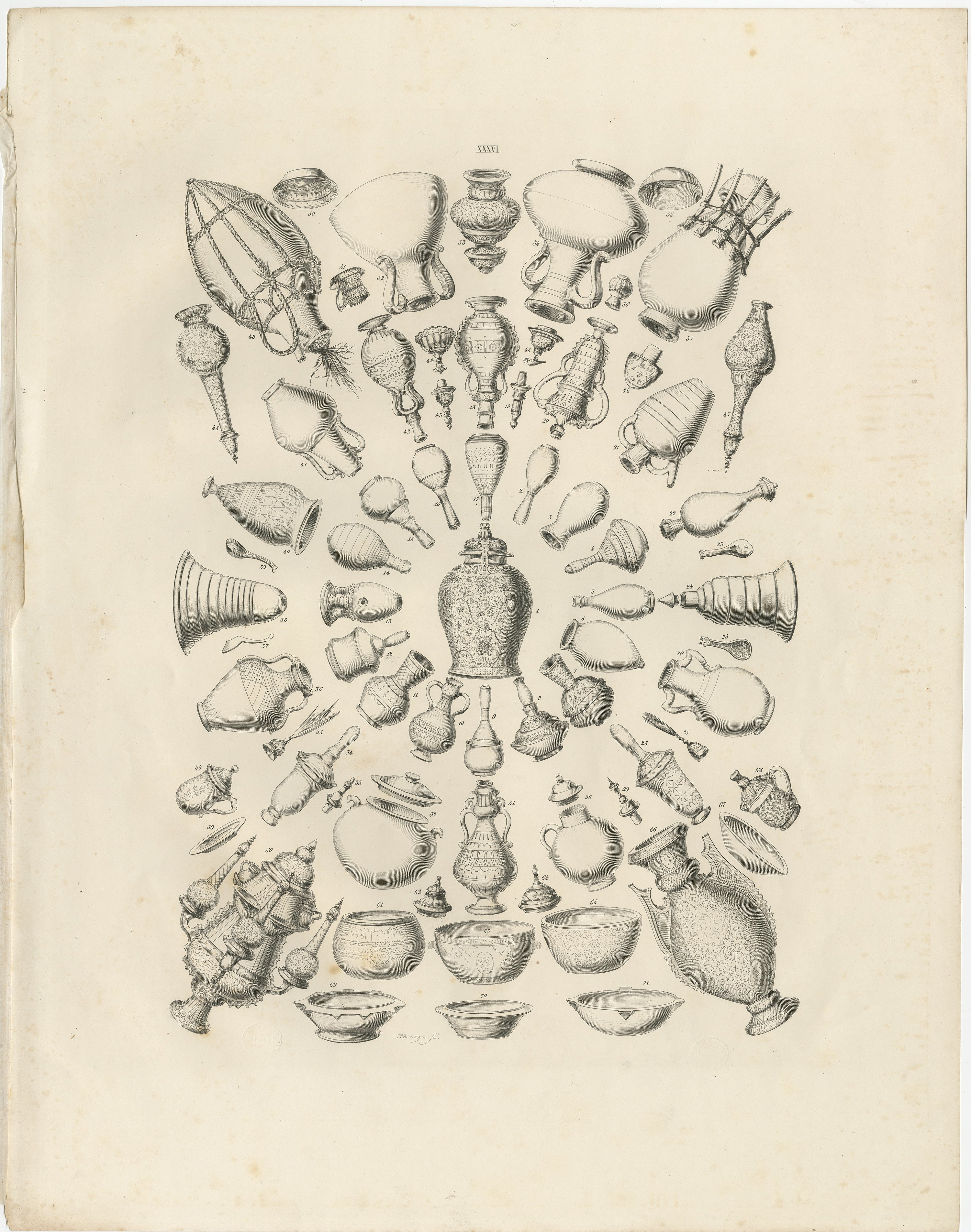 Antike islamische Gefäße und Metallarbeiten Objektstudie, Maximilian Ägypten 1846

Dieser außergewöhnlich raffinierte orientalistische Referenzstich aus dem 19. Jahrhundert zeigt eine umfassende Studie islamischer Gefäße, Schalen, Schüsseln, Krüge