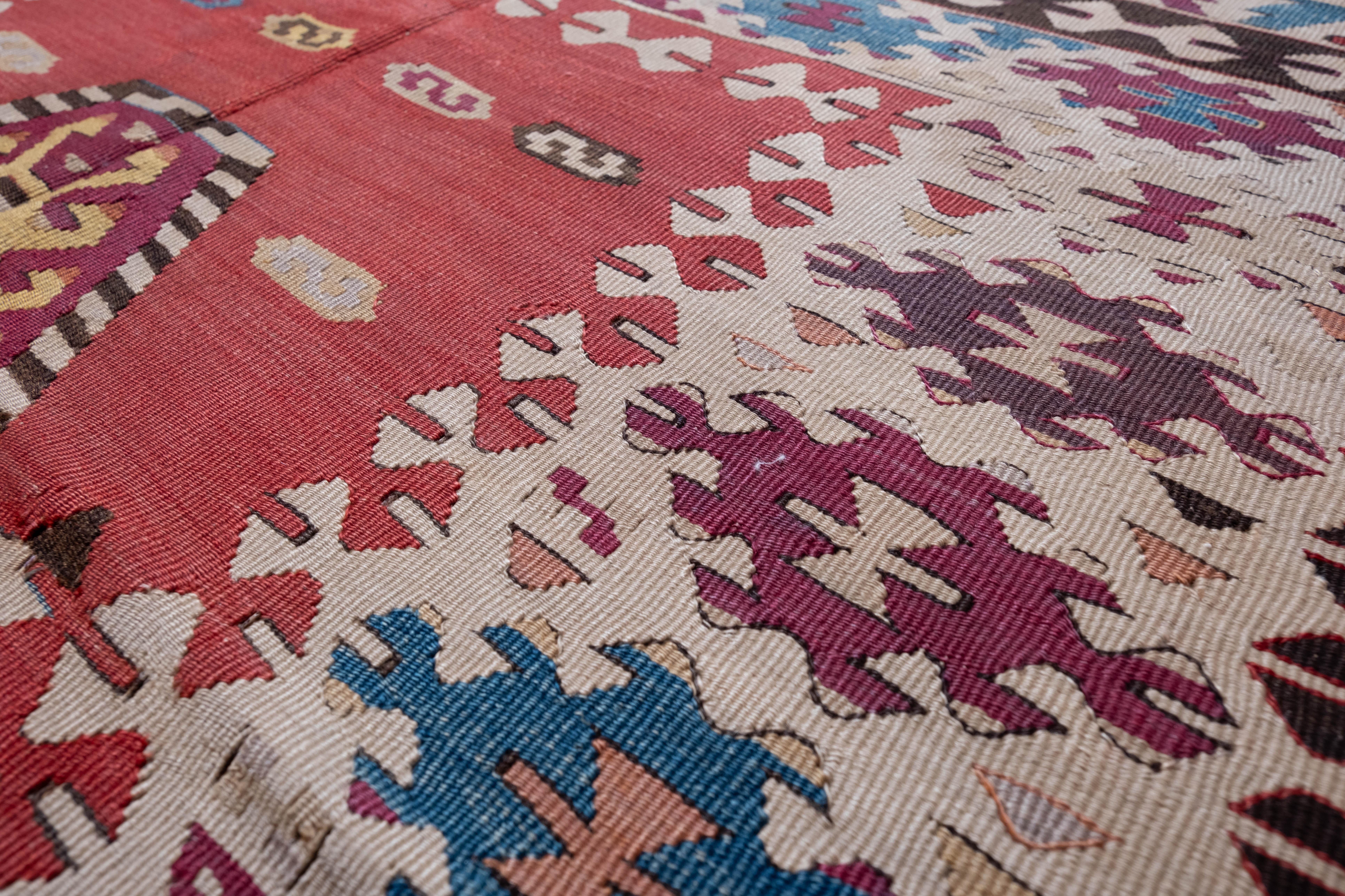 20th Century Antique Isparta Kilim Rug Wool Old Vintage Central Anatolian Turkish Carpet For Sale