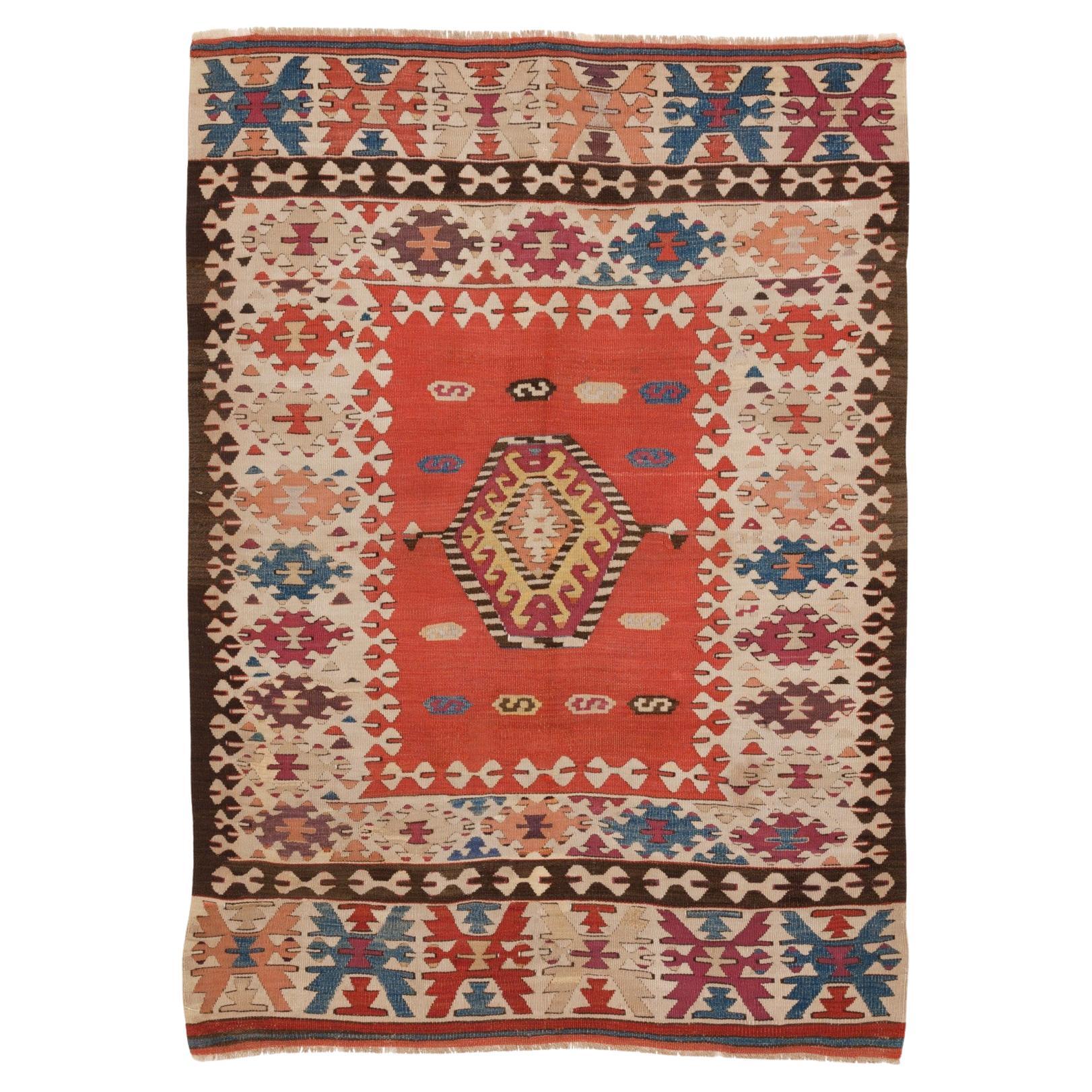 Antiker antiker Isparta-Kelim-Teppich aus Wolle, alteuropäischer Teppich, Zentral- anatolischer Teppich