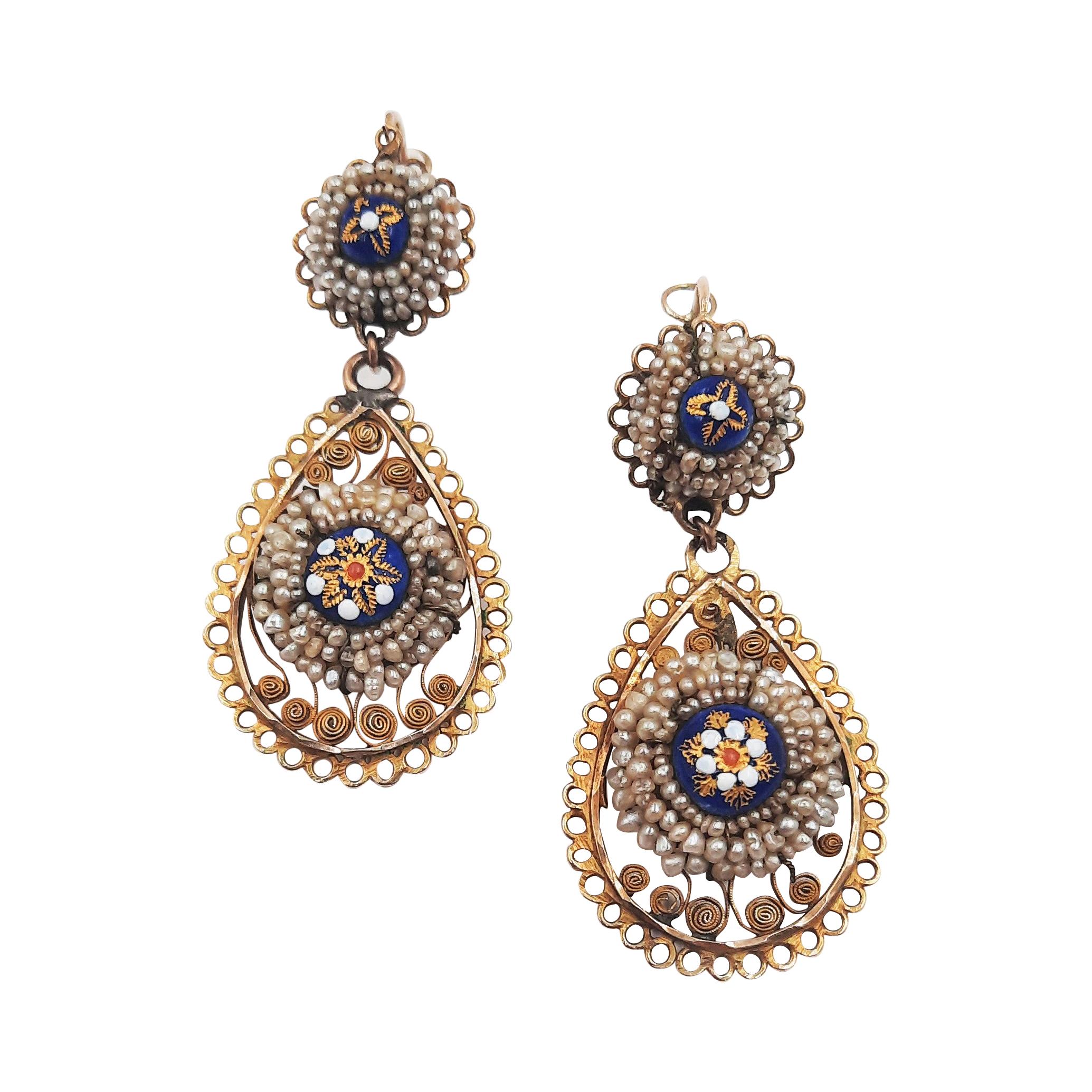 Antique Italian 12 Carats Yellow Gold Filigree Seed Pearl Pendant Earrings For Sale