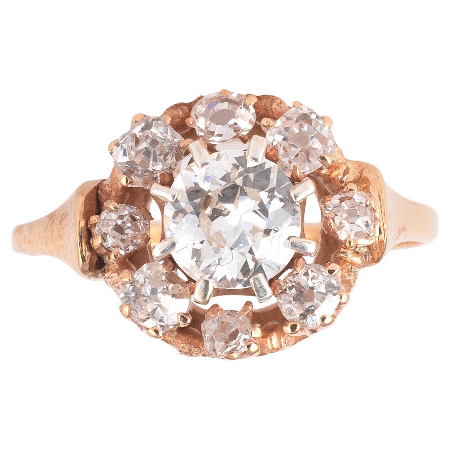 Old European Cut Antique Italian 1.2ct Old Cut Diamond Cluster Ring For Sale