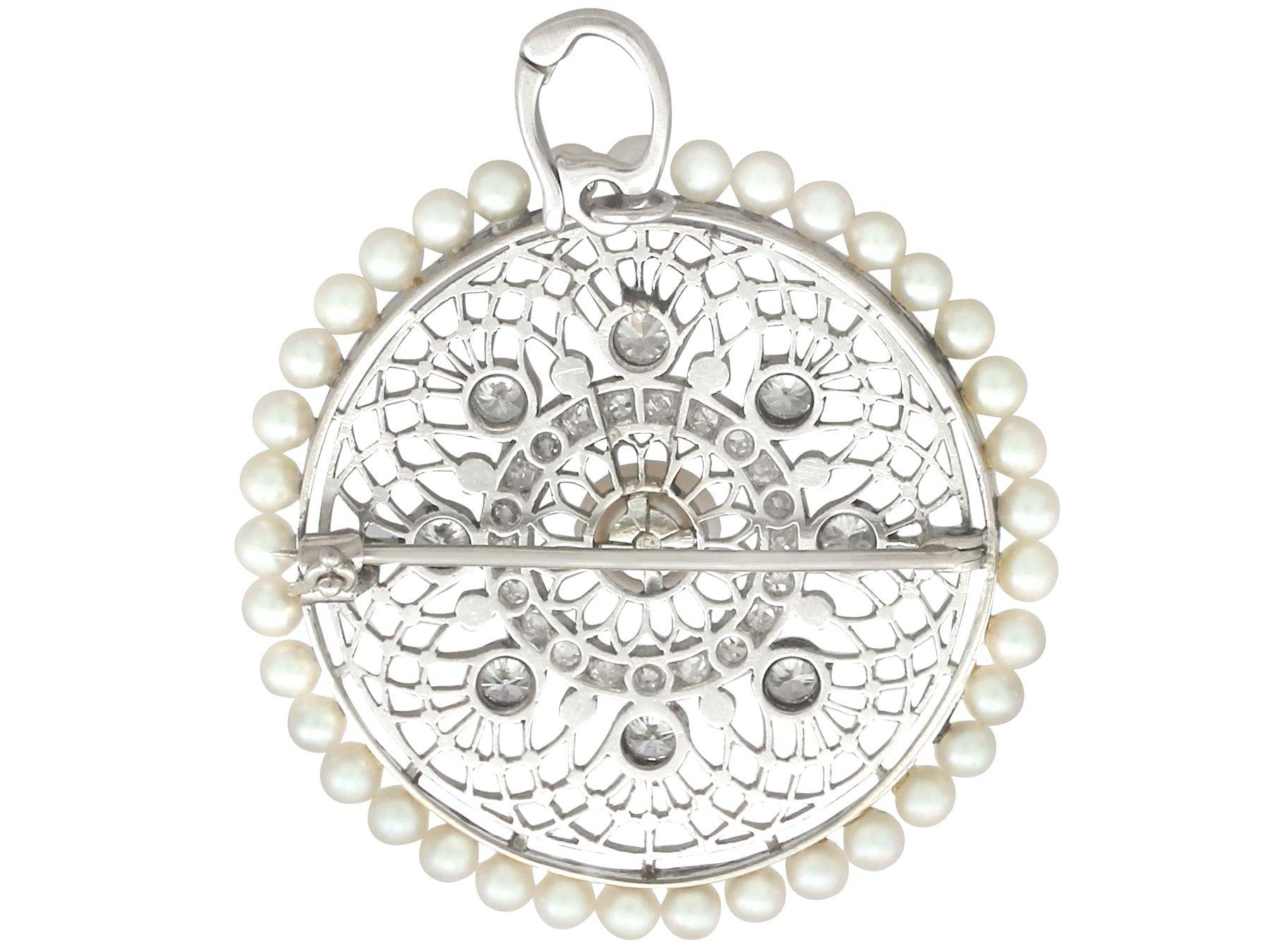 Women's Antique Italian 1.38 Carat Diamond Seed Pearl Platinum Pendant Brooch Circa 1900