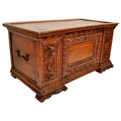 Antique Italian 17th Century Baroque Carved Walnut Cassone Coffer Chest, 1680